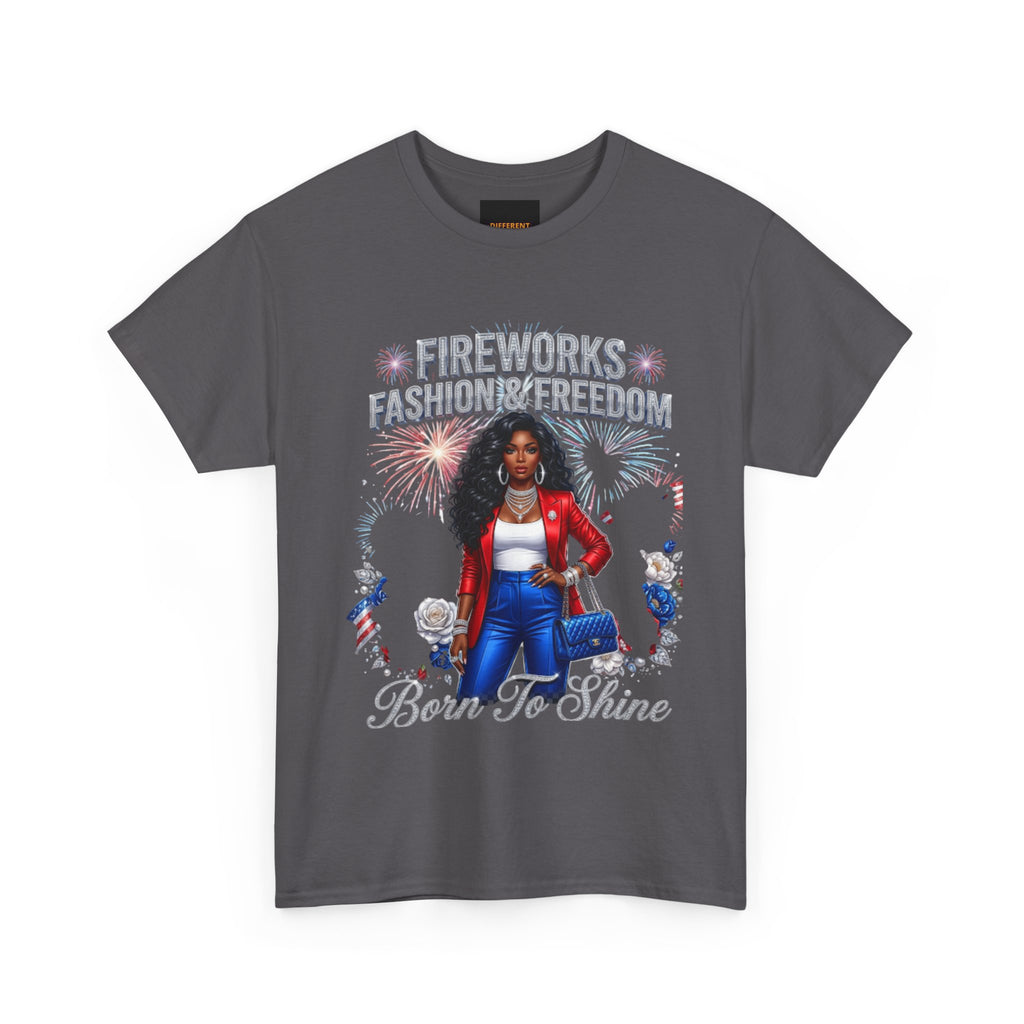 Fireworks Fashion & Freedom Tee — Born to Shine Patriotic Graphic T‑Shirt