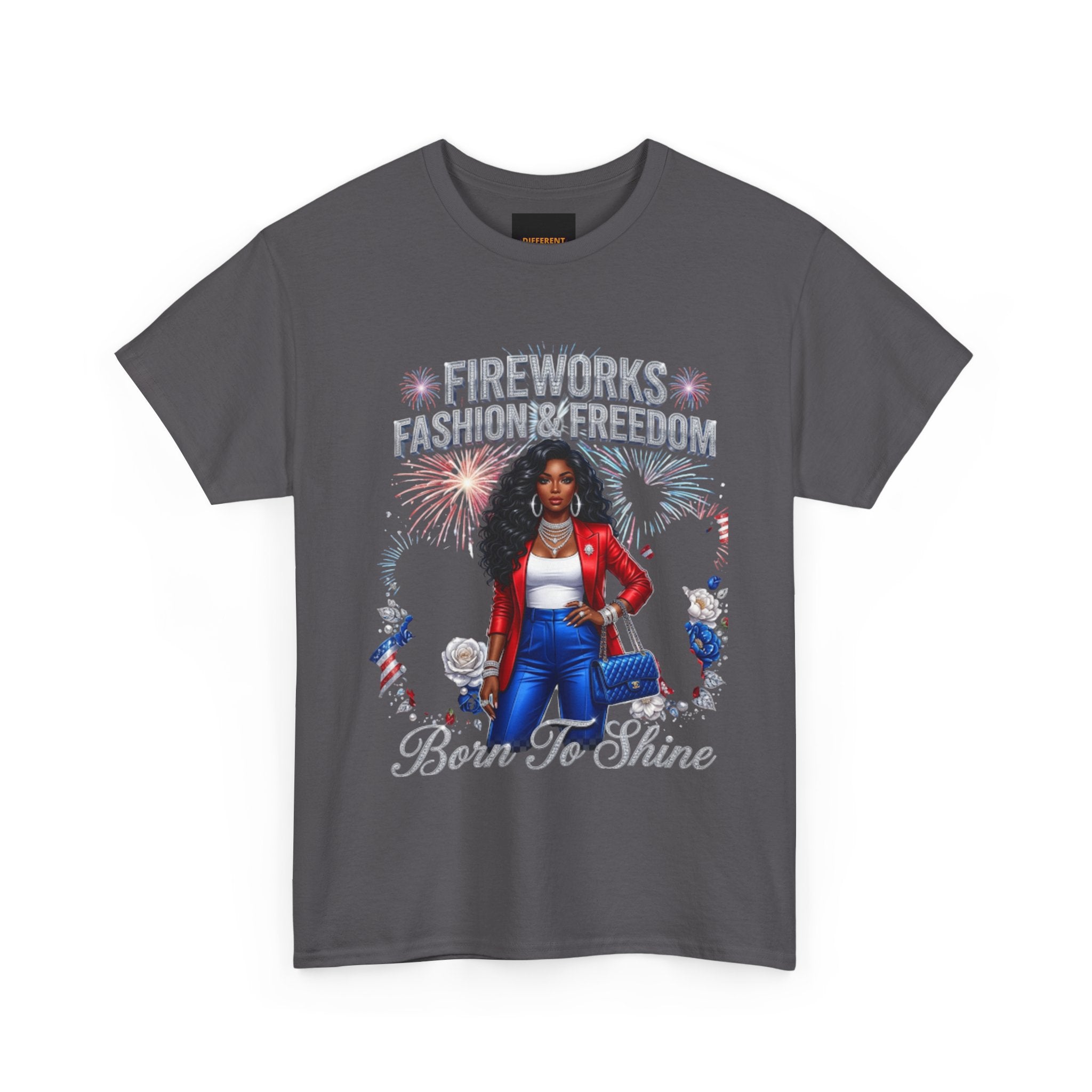 Fireworks Fashion & Freedom Tee — Born to Shine Patriotic Graphic T‑Shirt