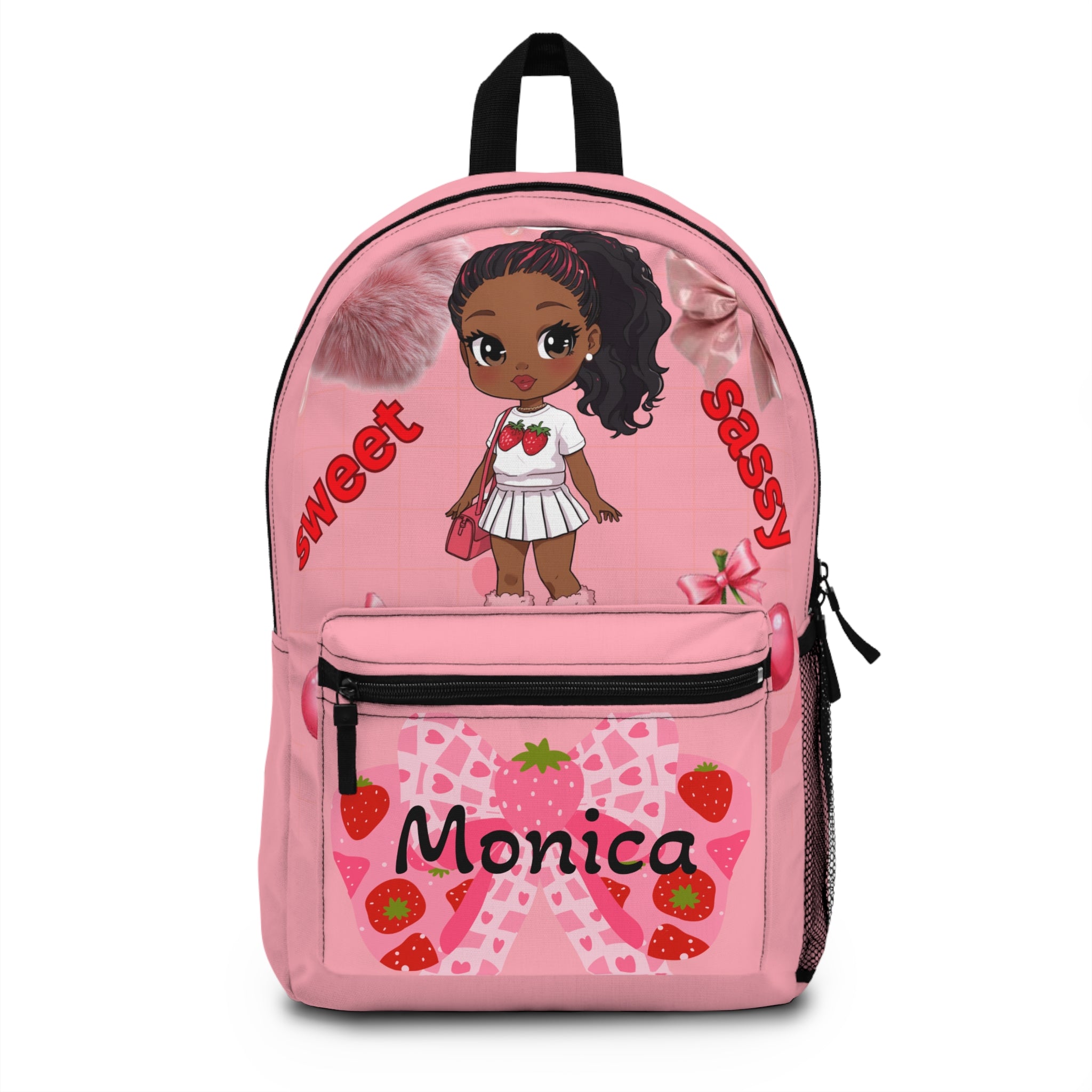 Personalized Pink Strawberry 'Sweet Sassy' Kids Backpack — Custom Name Monica