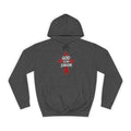 College Cross Hoodie — Minimal Red Emblem Campus Sweatshirt