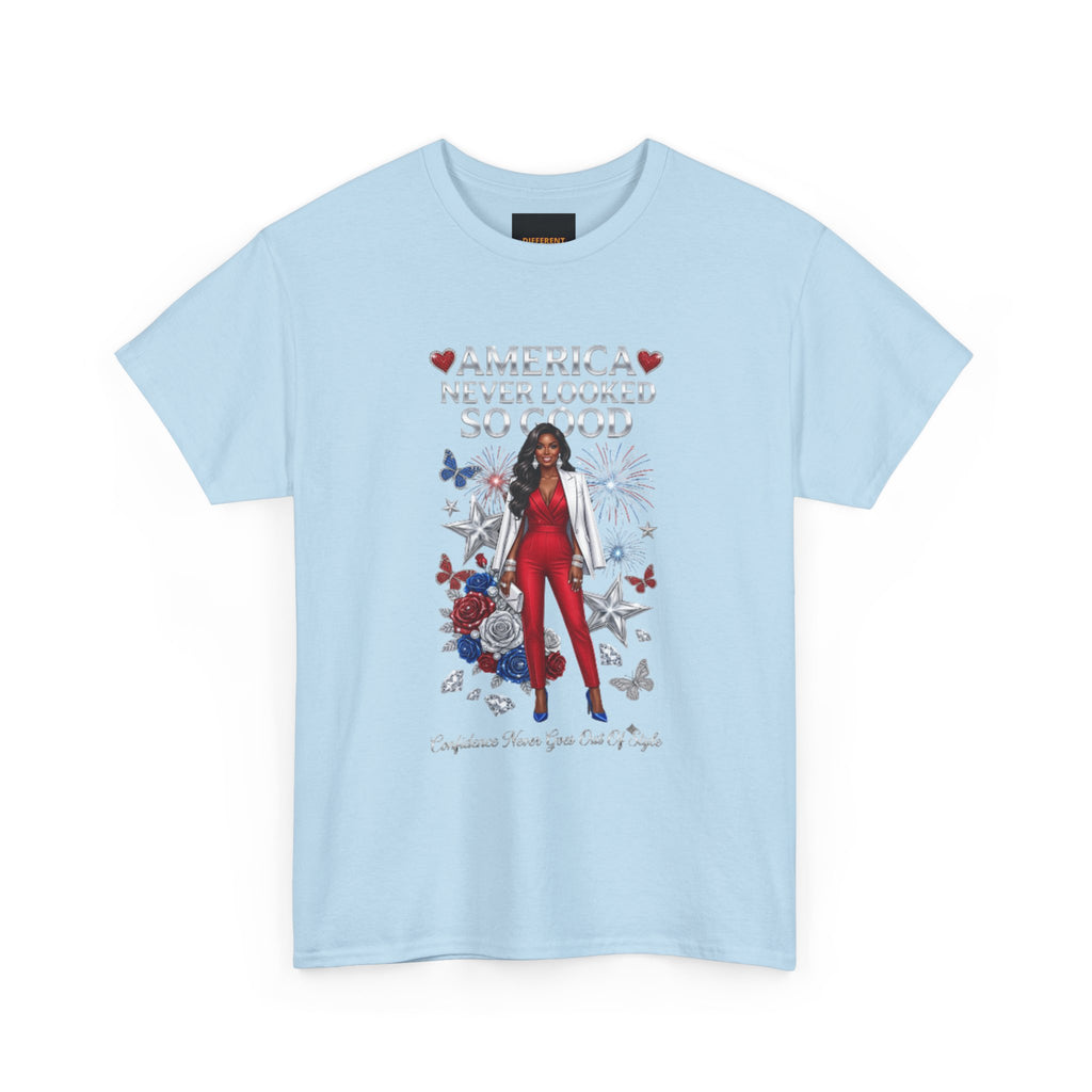 Patriotic 'America Never Looked So Good' Tee — Women's Red Jumpsuit 4th of July Shirt
