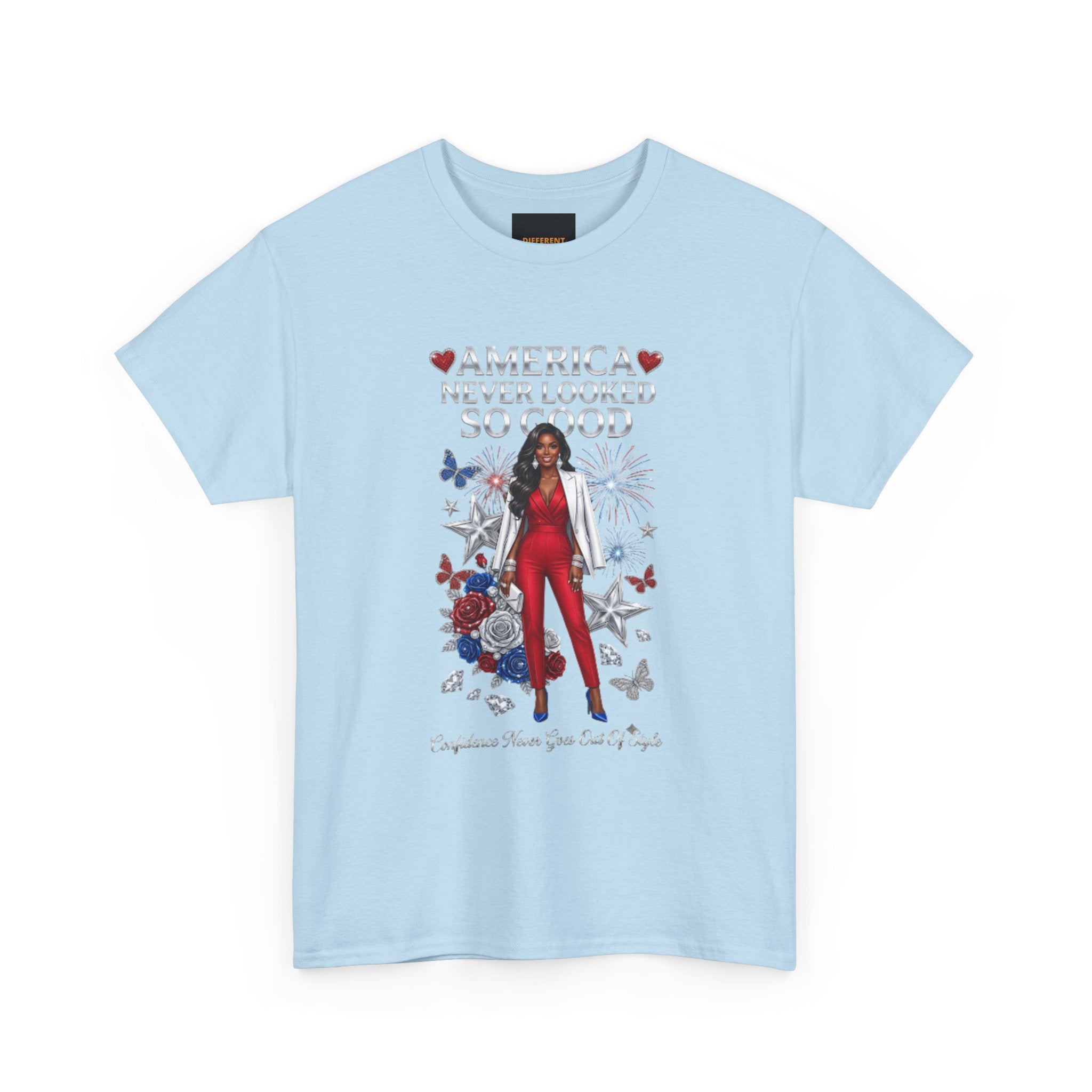 Patriotic 'America Never Looked So Good' Tee — Women's Red Jumpsuit 4th of July Shirt