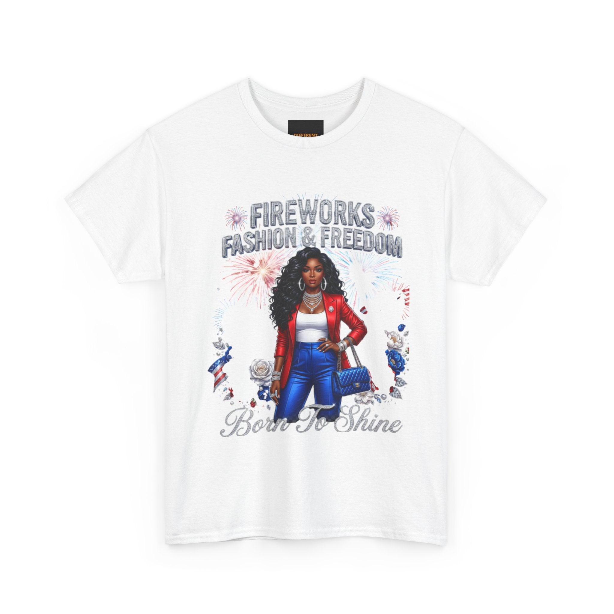 Fireworks Fashion & Freedom Tee — Born to Shine Patriotic Graphic T‑Shirt