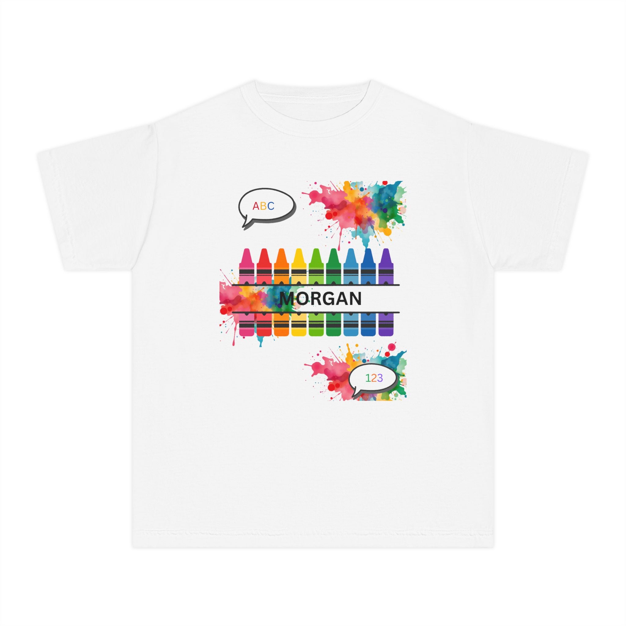 Kids Crayon Name T‑Shirt — Personalized Colorful Art Tee (ABC, 1-2)