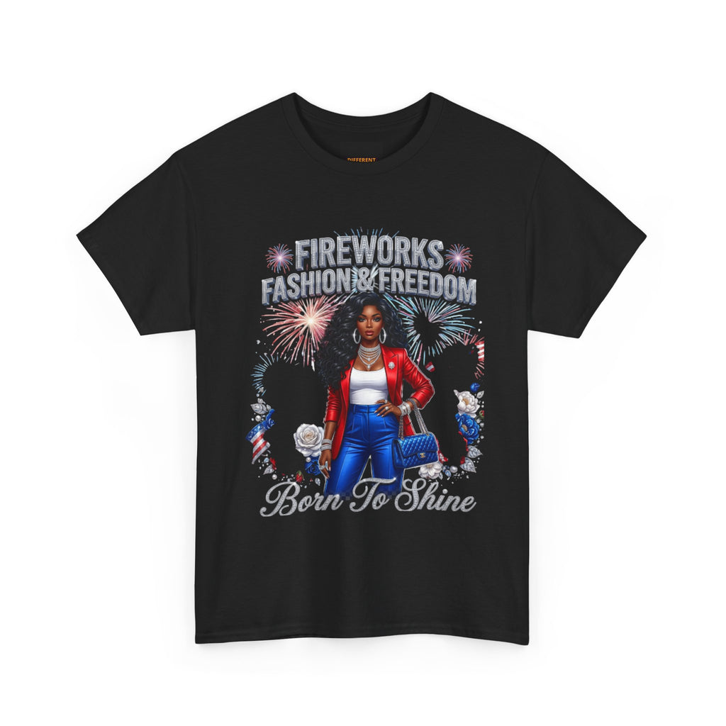 Fireworks Fashion & Freedom Tee — Born to Shine Patriotic Graphic T‑Shirt