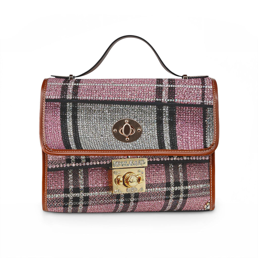 Plaid Waterproof Canvas Handbag — Pink Gray Tartan Crossbody Tote