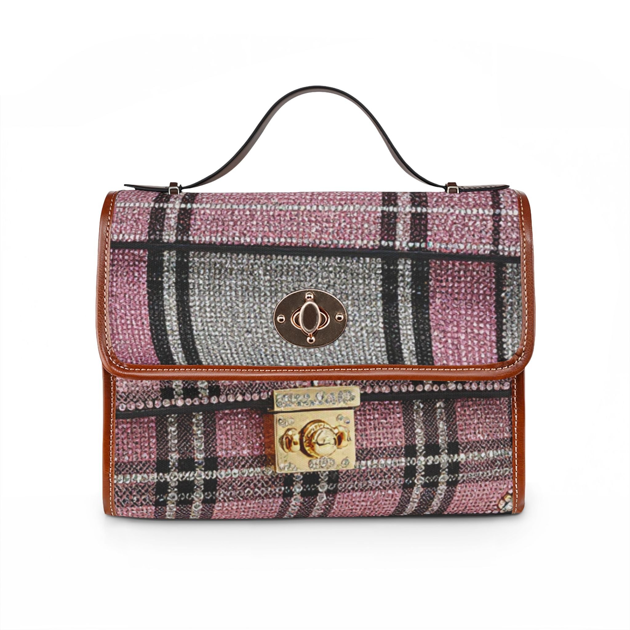 Plaid Waterproof Canvas Handbag — Pink Gray Tartan Crossbody Tote