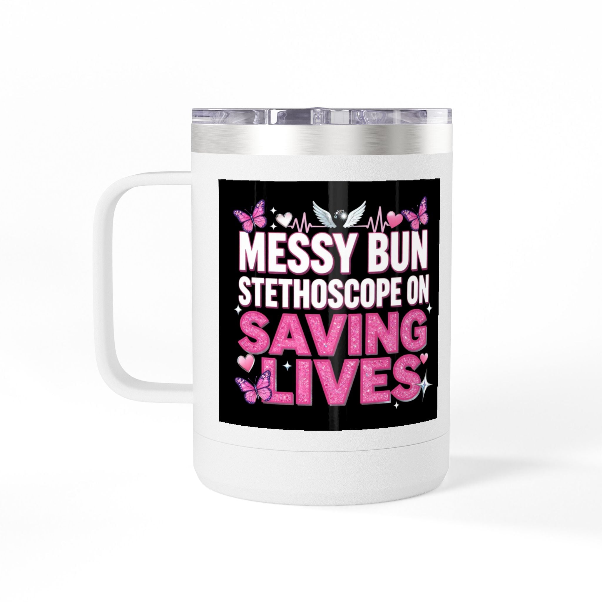 15oz Travel Mug Tumbler – “Bun Hope on Riding Vibes” Pink Butterfly Coffee Mug
