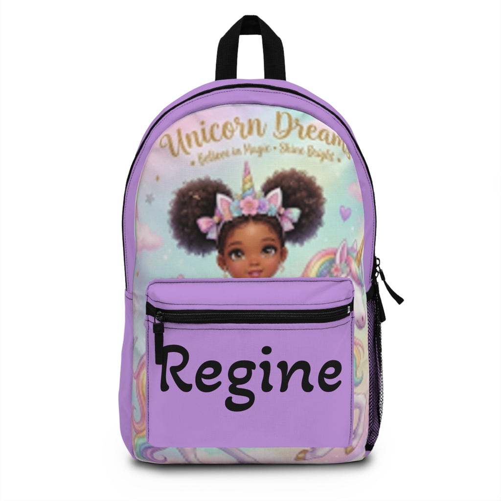 Unicorn Dreams Kids Backpack — Personalized "Regine" Pastel Purple School Bag
