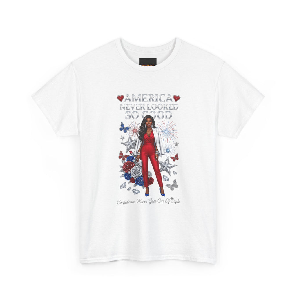 Patriotic 'America Never Looked So Good' Tee — Women's Red Jumpsuit 4th of July Shirt