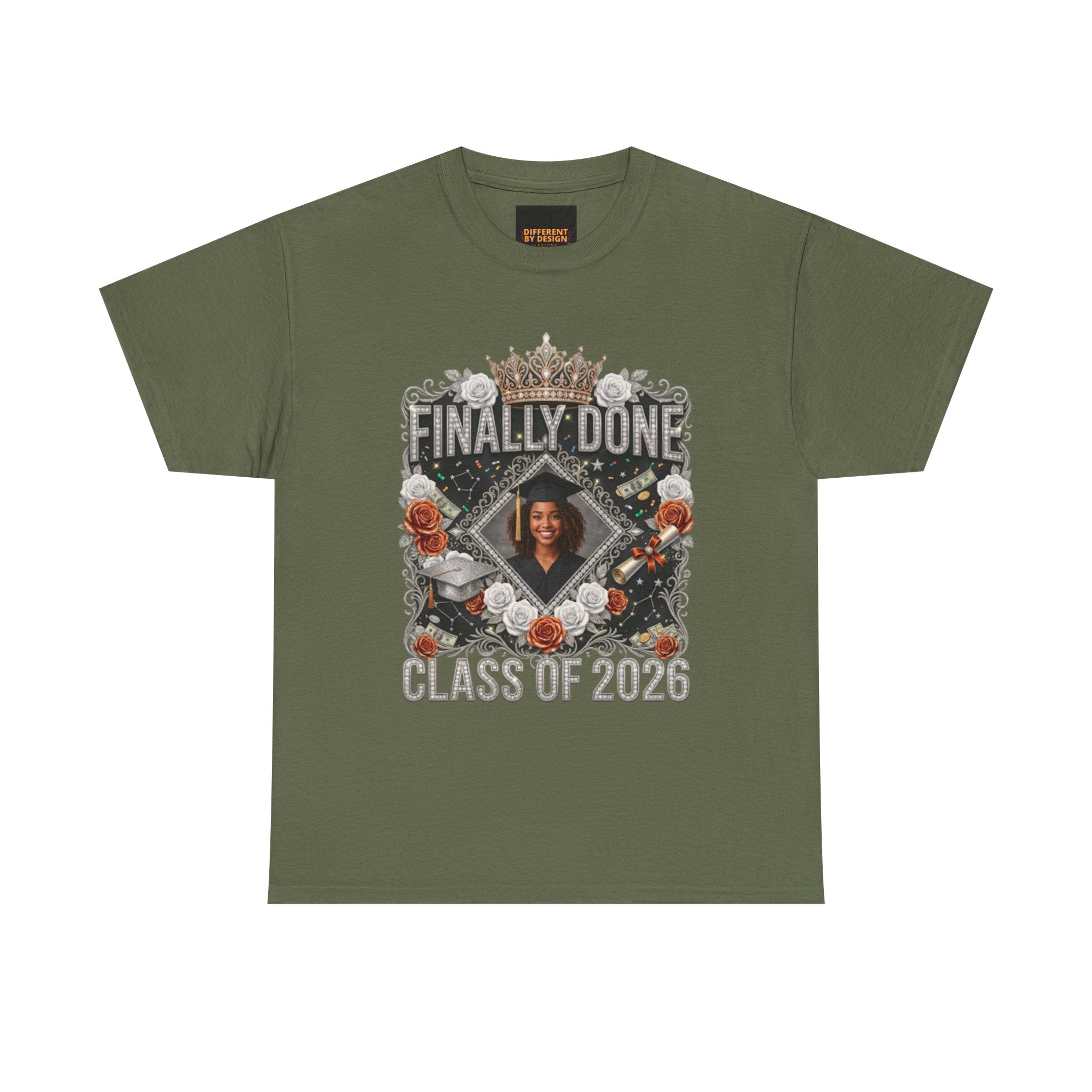 Graduation Tee — "Finally Done" Class of 2026 Personalized Cap & Gown Design