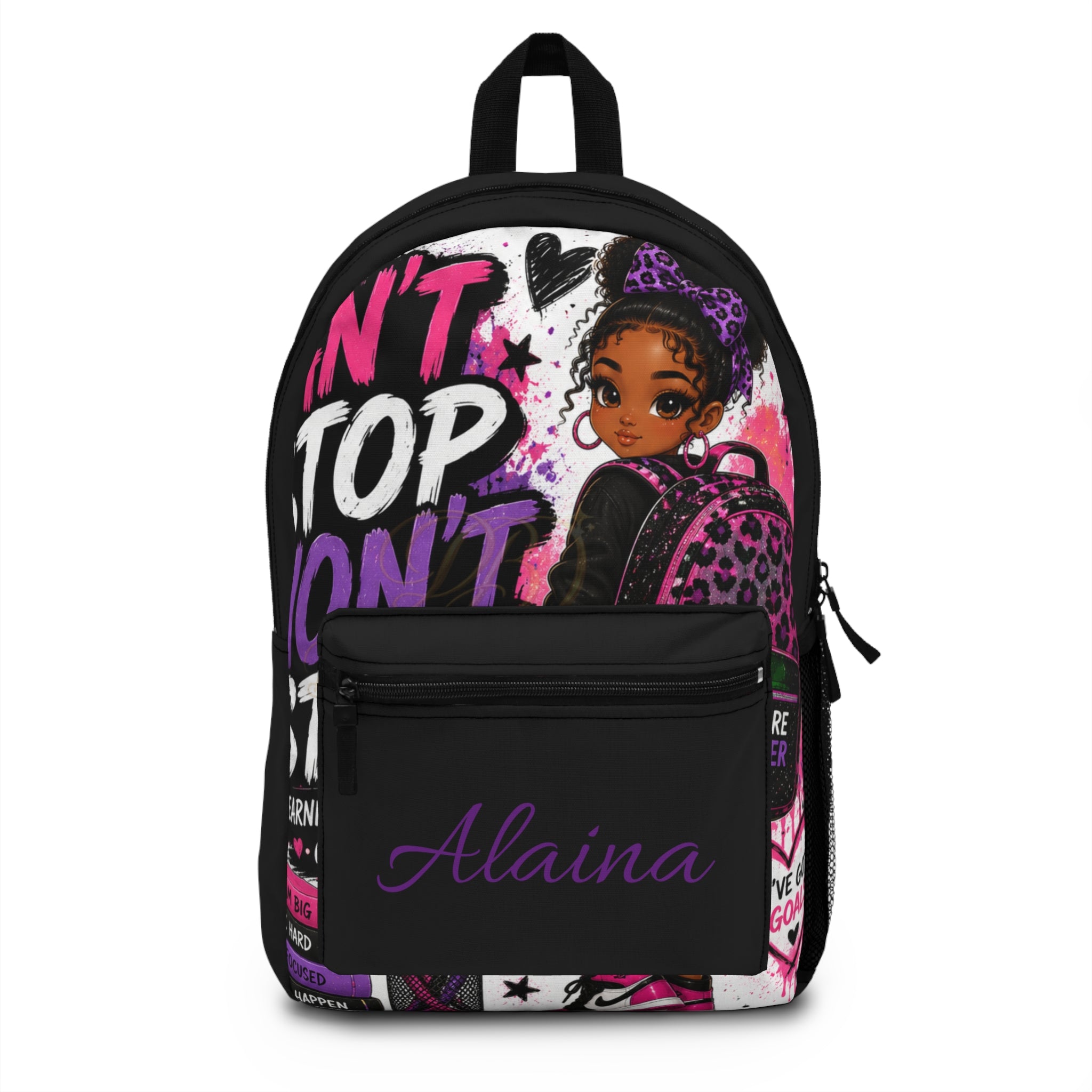 Personalized Girls' Backpack — 'Don't Stop' Pink & Purple Graphic School Bag (Custom Name)