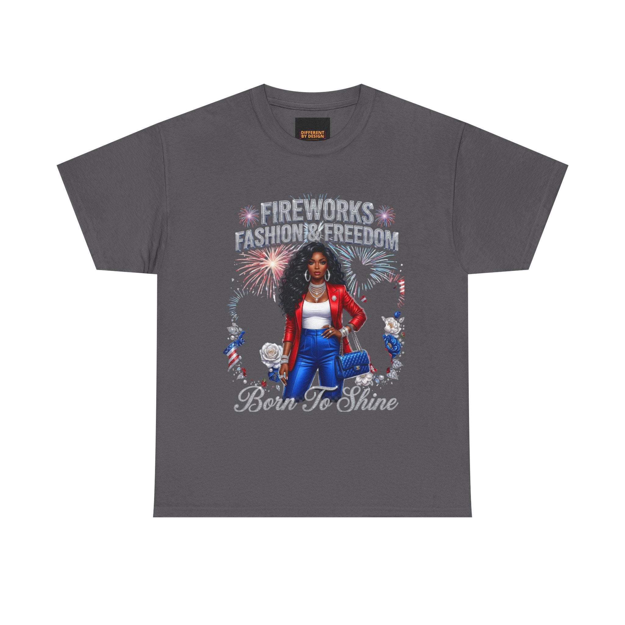Fireworks Fashion & Freedom Tee — Born to Shine Patriotic Graphic T‑Shirt
