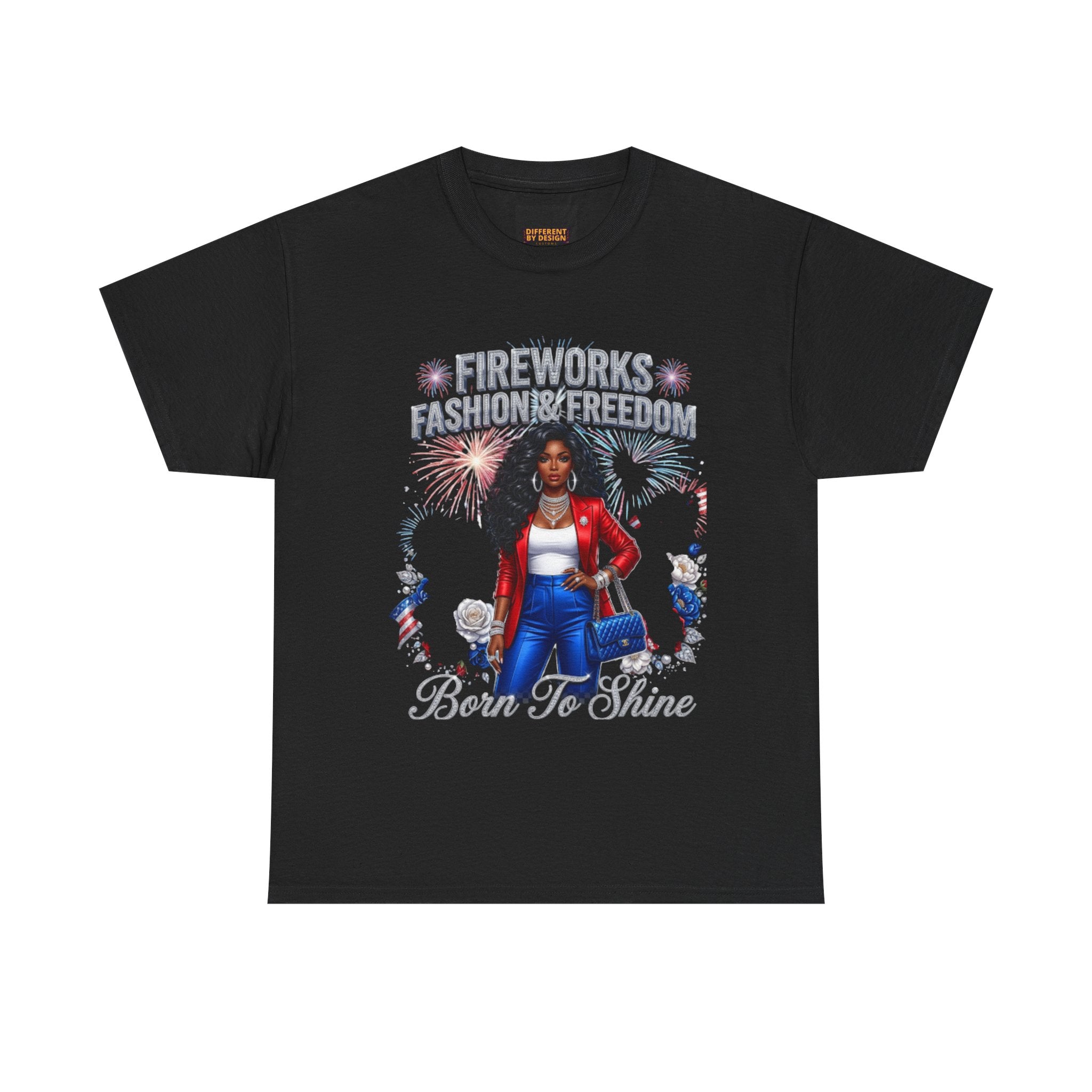 Fireworks Fashion & Freedom Tee — Born to Shine Patriotic Graphic T‑Shirt