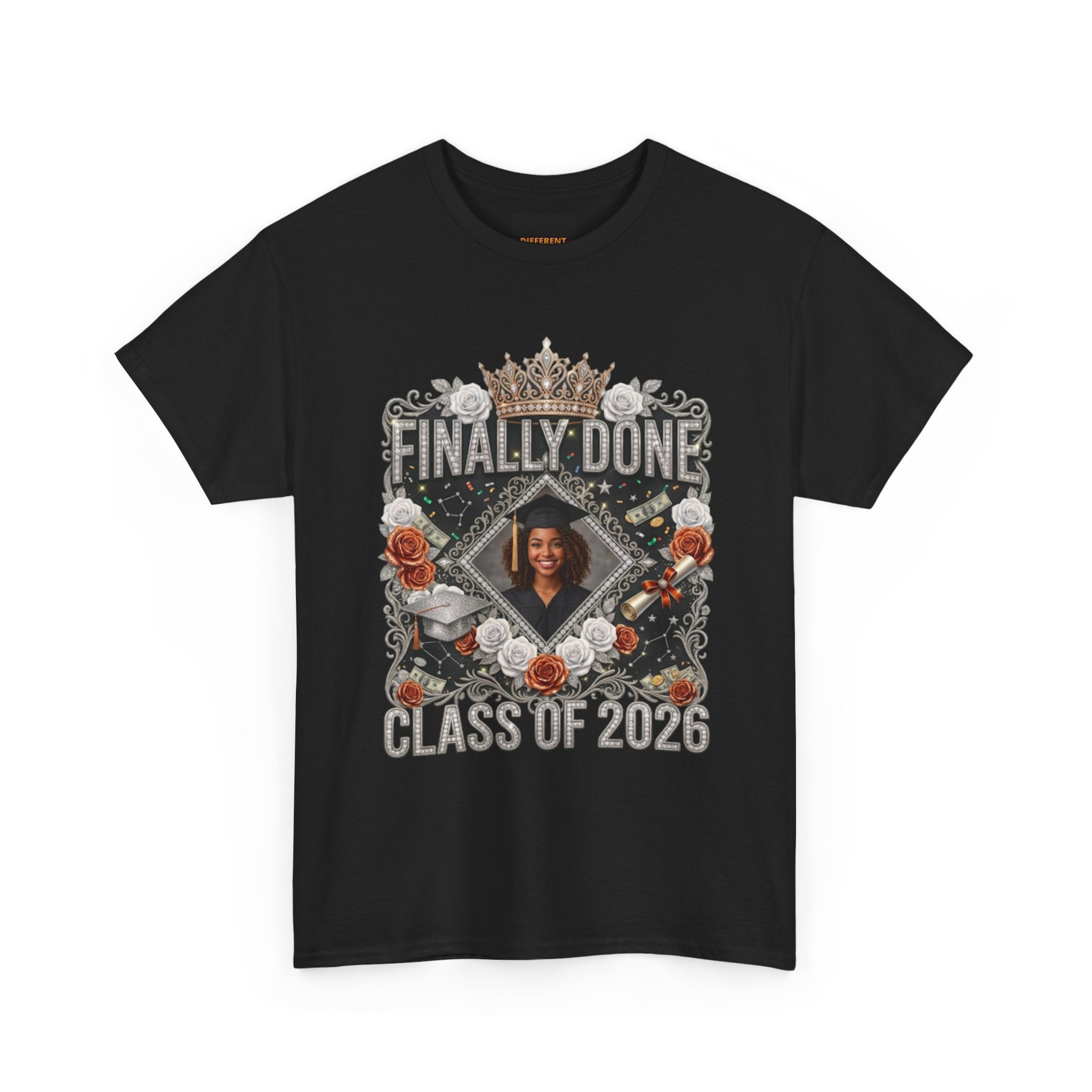 Graduation Tee — "Finally Done" Class of 2026 Personalized Cap & Gown Design