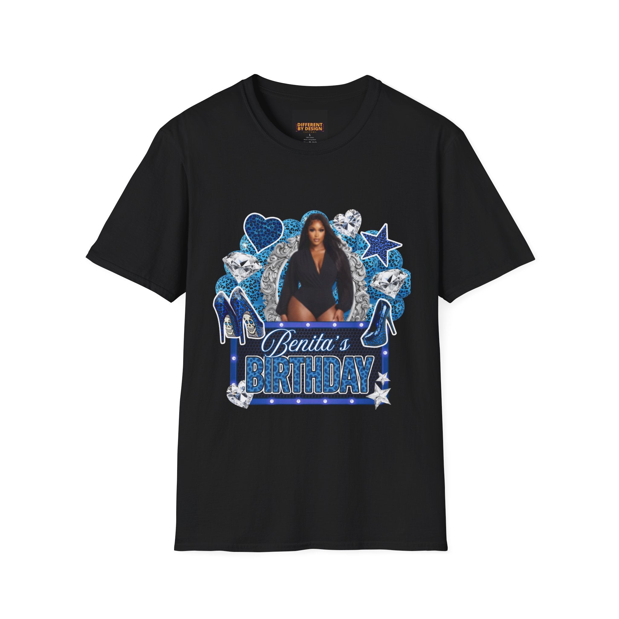 Custom Photo Birthday T-Shirt — Personalized "Birthday" Design with Blue Hearts & Diamonds