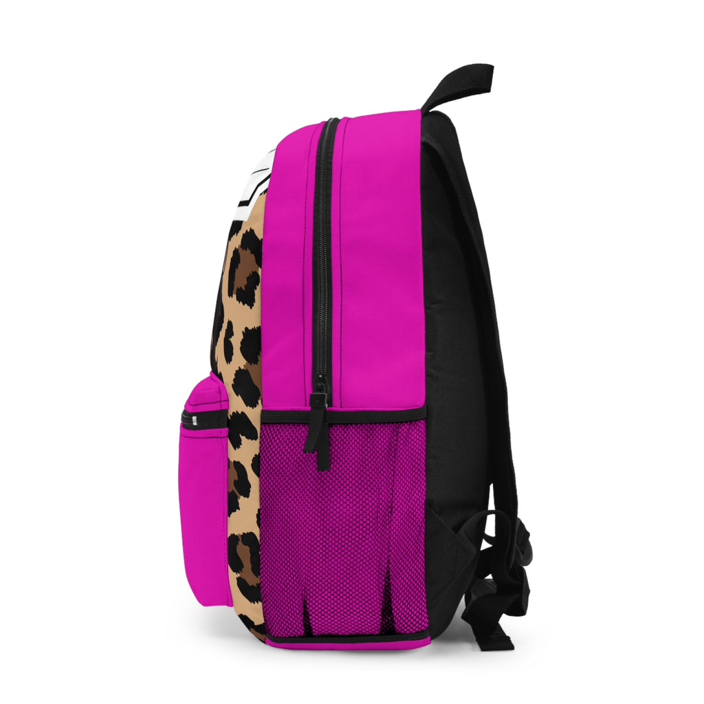 Personalized Pink Leopard Kids Backpack — Cute Black Doll Face Design, Name "Amber"