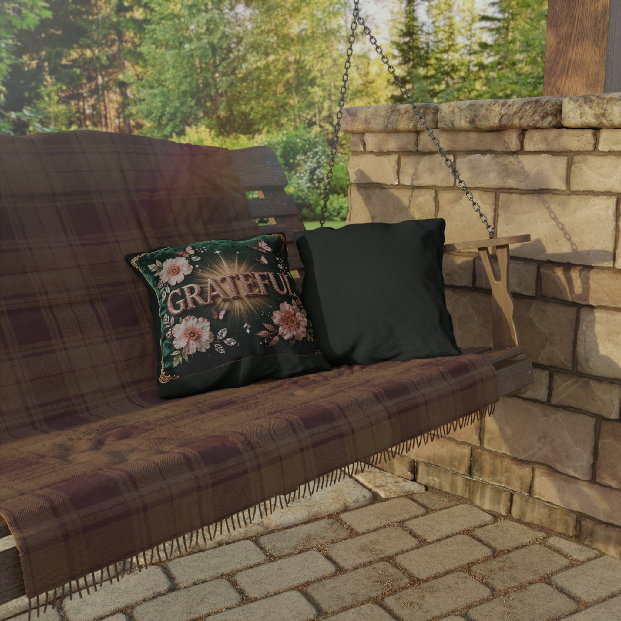 Grateful Floral Outdoor Pillow — Garden Butterflies Decorative Accent