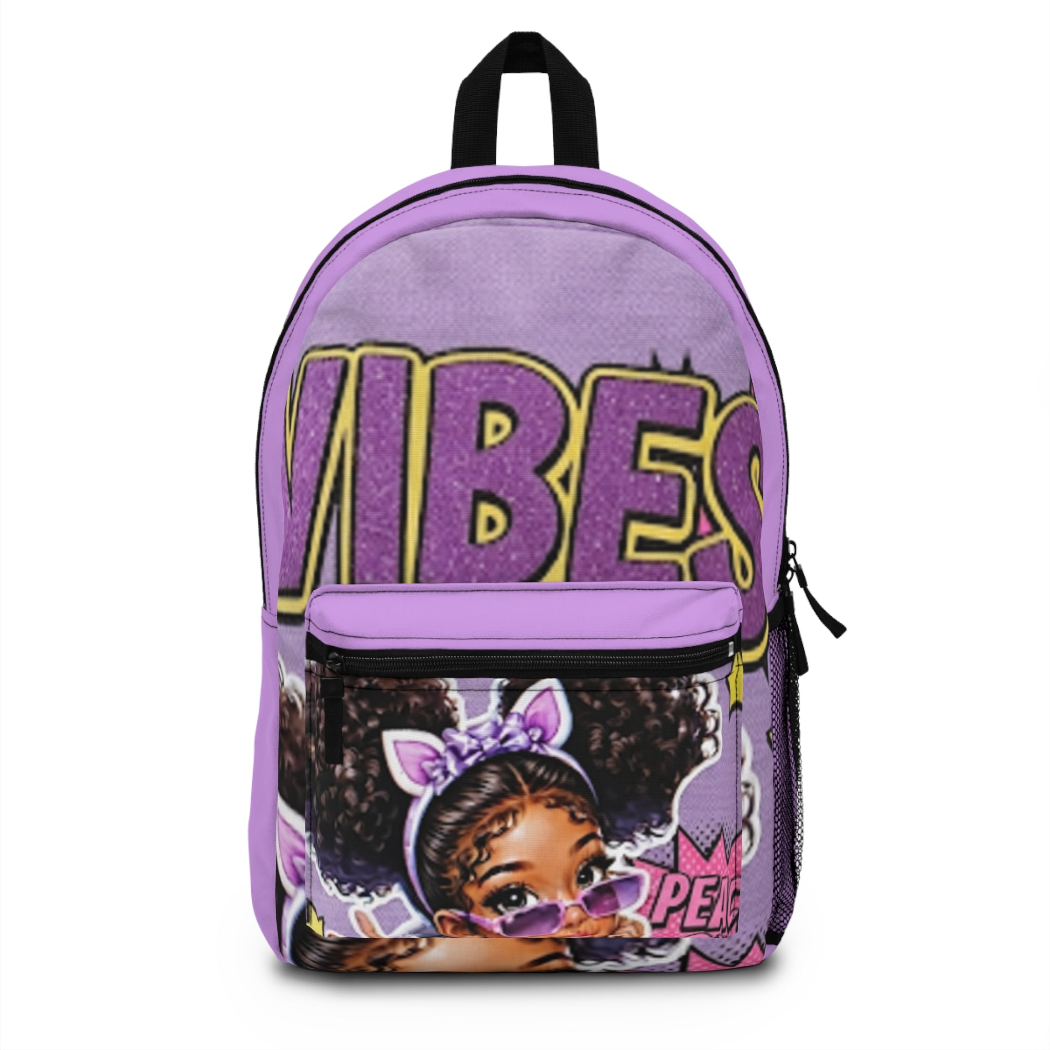 Purple 'Good Vibes' Girl Graphic Backpack — Cute Afro Puff Kids School Bag