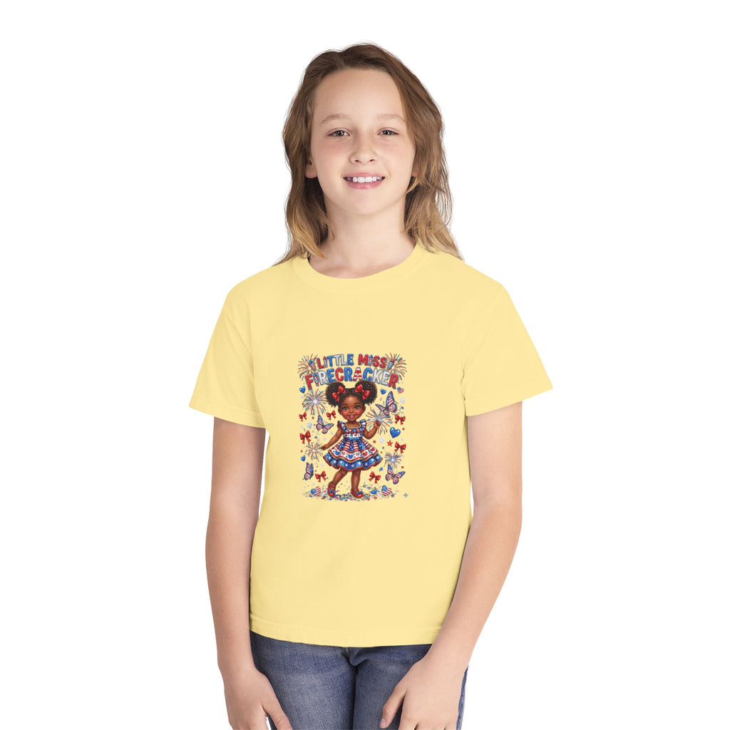 Youth Tee — “Little Miss Firecracker” Patriotic Girl Graphic T-Shirt