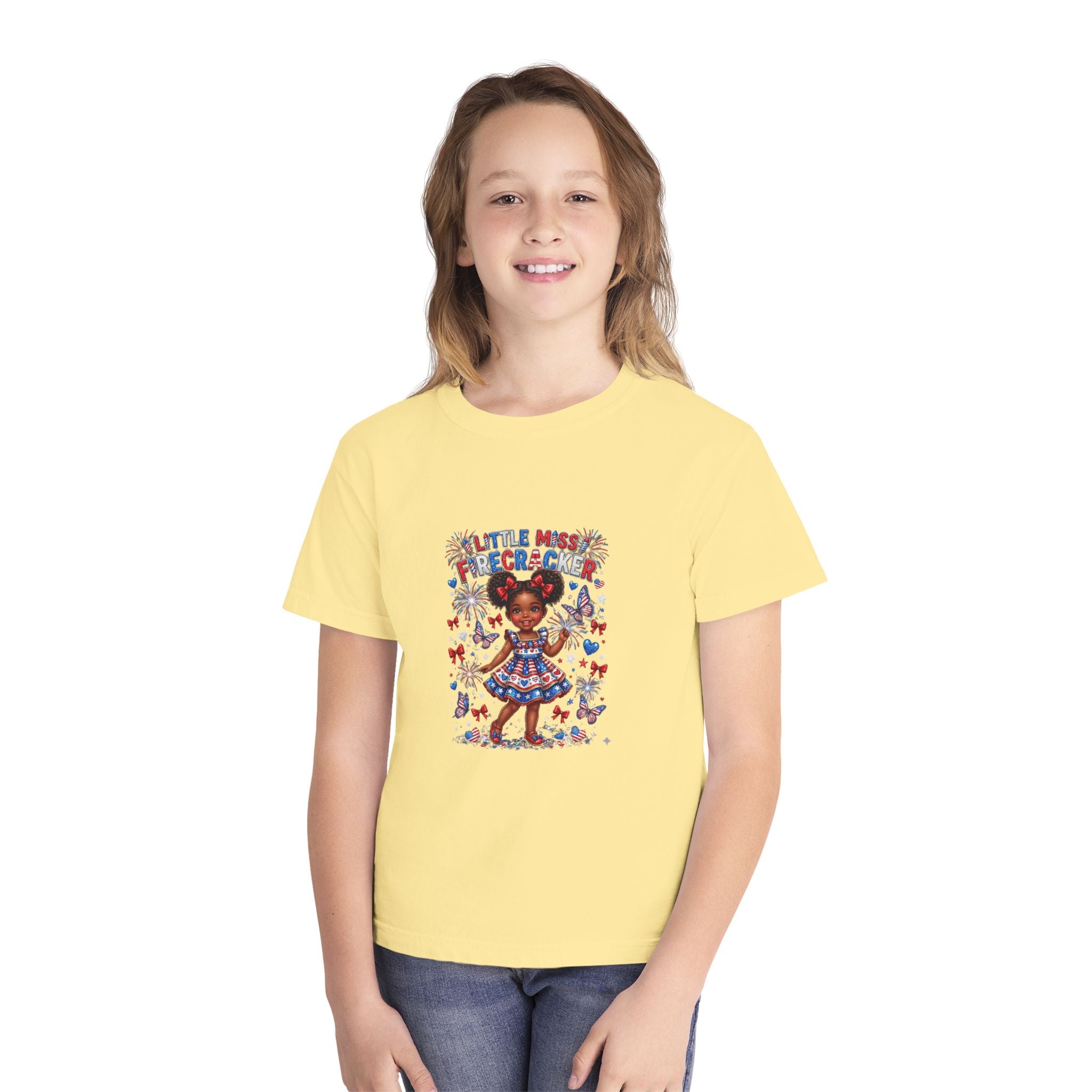 Youth Tee — “Little Miss Firecracker” Patriotic Girl Graphic T-Shirt