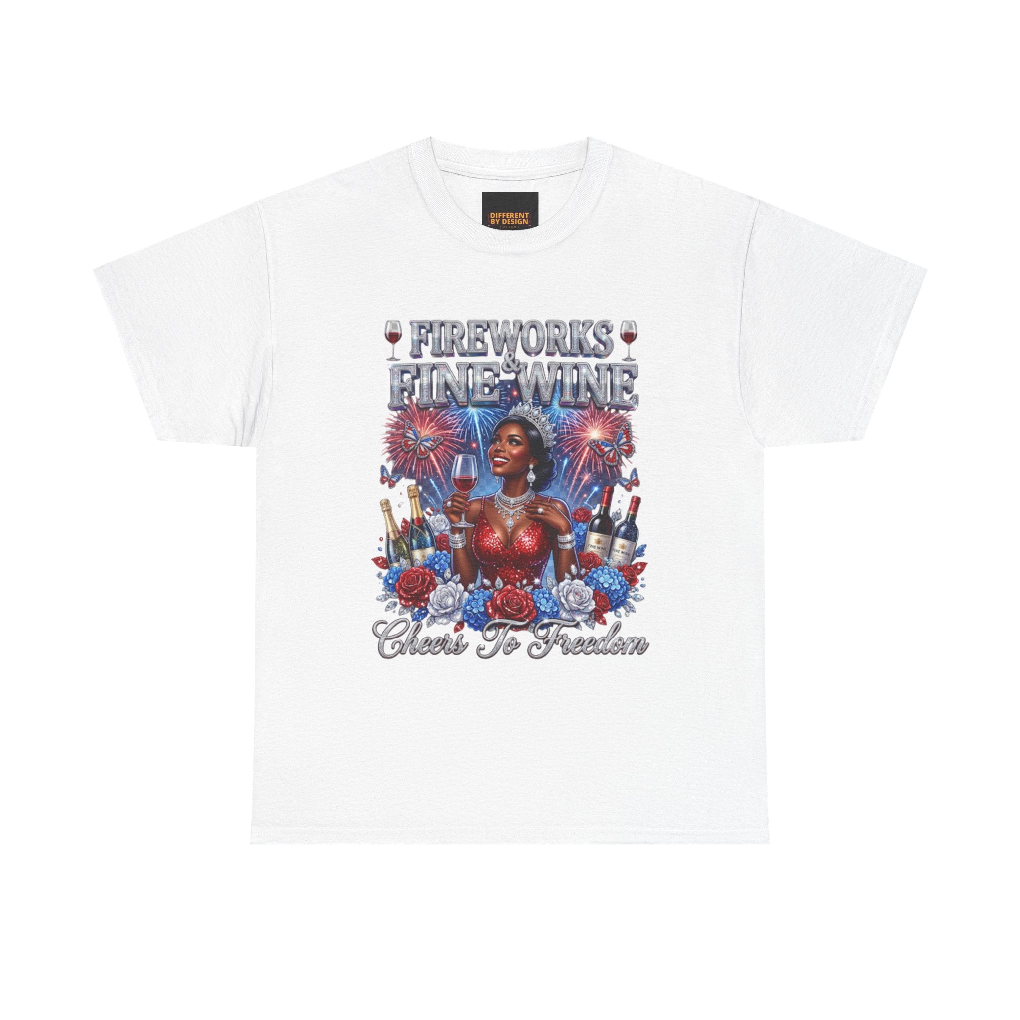 Fireworks & Fine Wine Tee — Cheers to Freedom 4th of July Patriotic Shirt