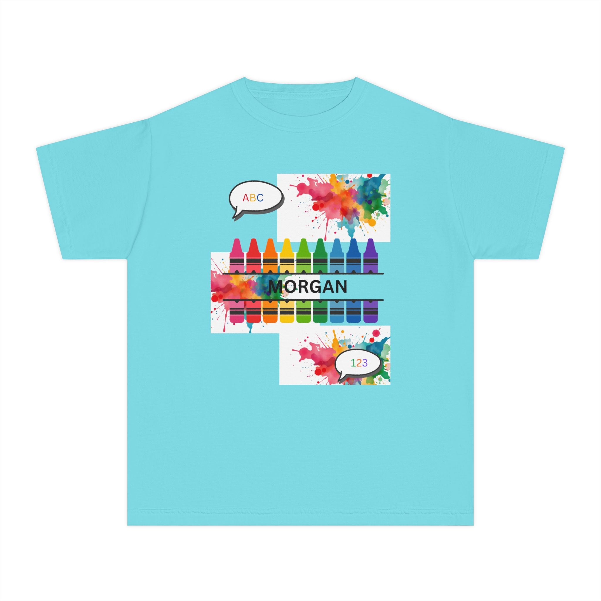Kids Crayon Name T‑Shirt — Personalized Colorful Art Tee (ABC, 1-2)