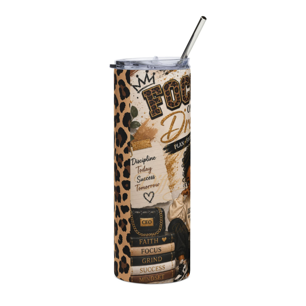 20oz Stainless Tumbler — "Focused on My Dreams" Leopard Print Motivational Travel Mug