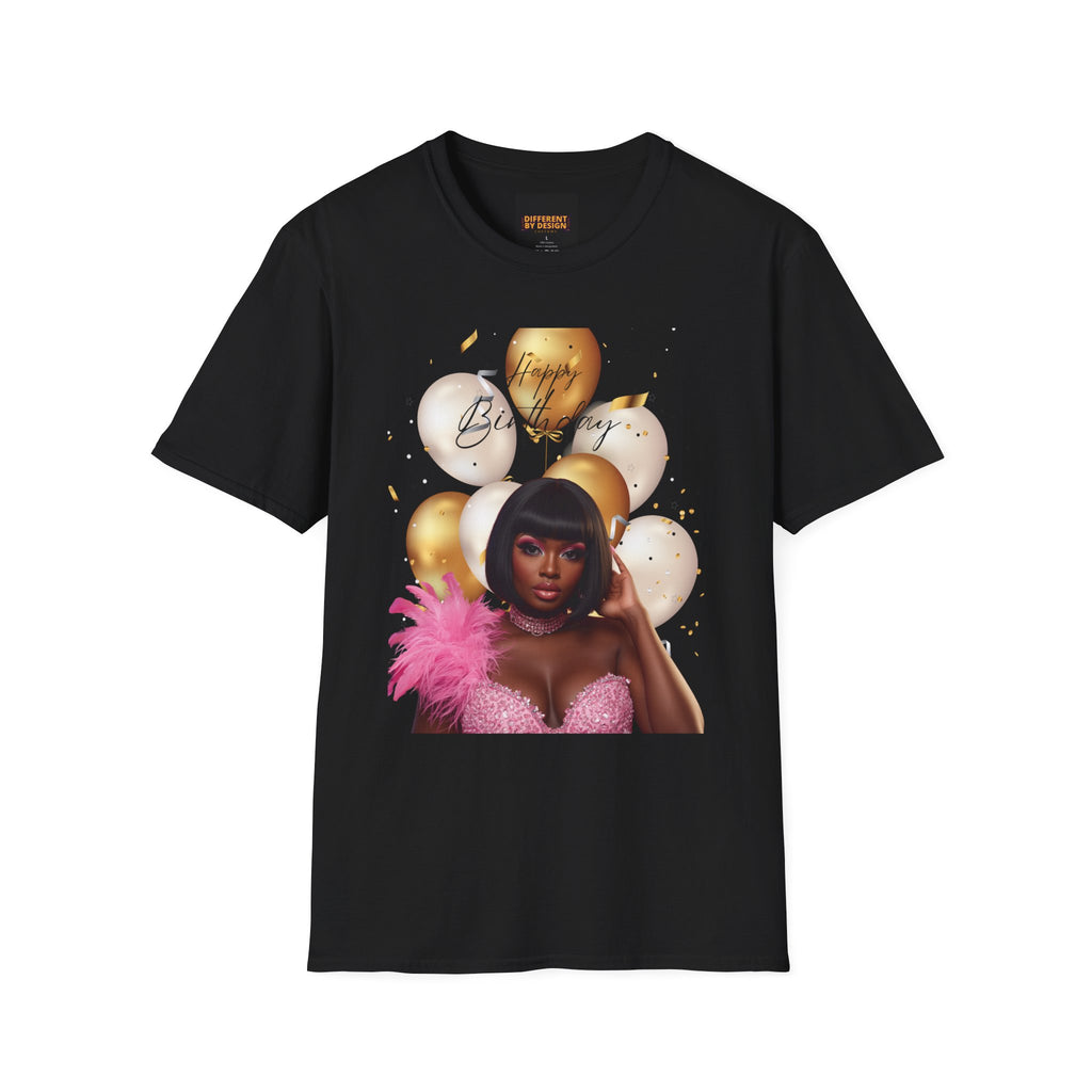 Happy Birthday Black Woman Balloon T-Shirt — Glam Birthday Graphic Tee