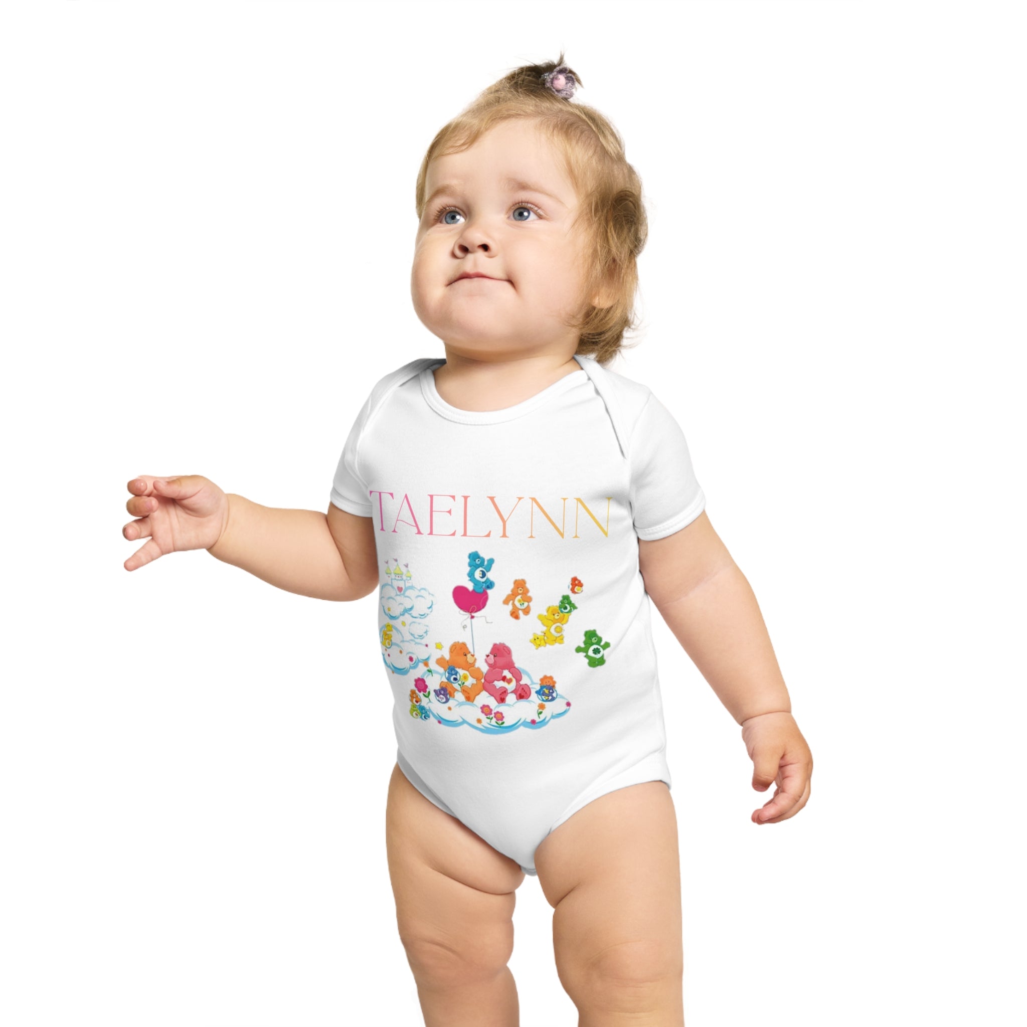 Personalized Baby Bodysuit with Colorful Cartoon Cloud Friends — Custom Name "TAELYNN"