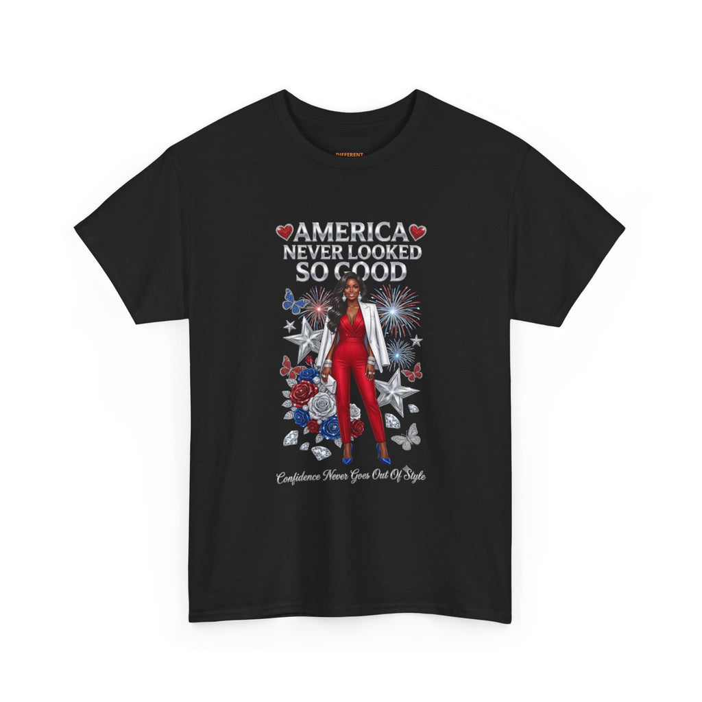 Patriotic 'America Never Looked So Good' Tee — Women's Red Jumpsuit 4th of July Shirt