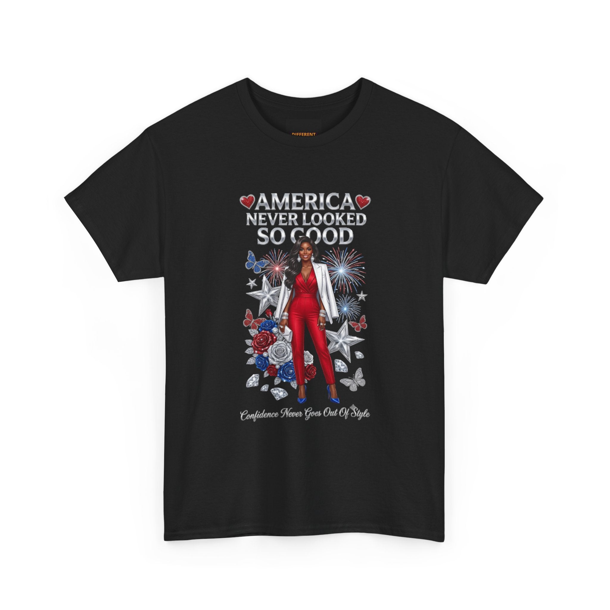 Patriotic 'America Never Looked So Good' Tee — Women's Red Jumpsuit 4th of July Shirt