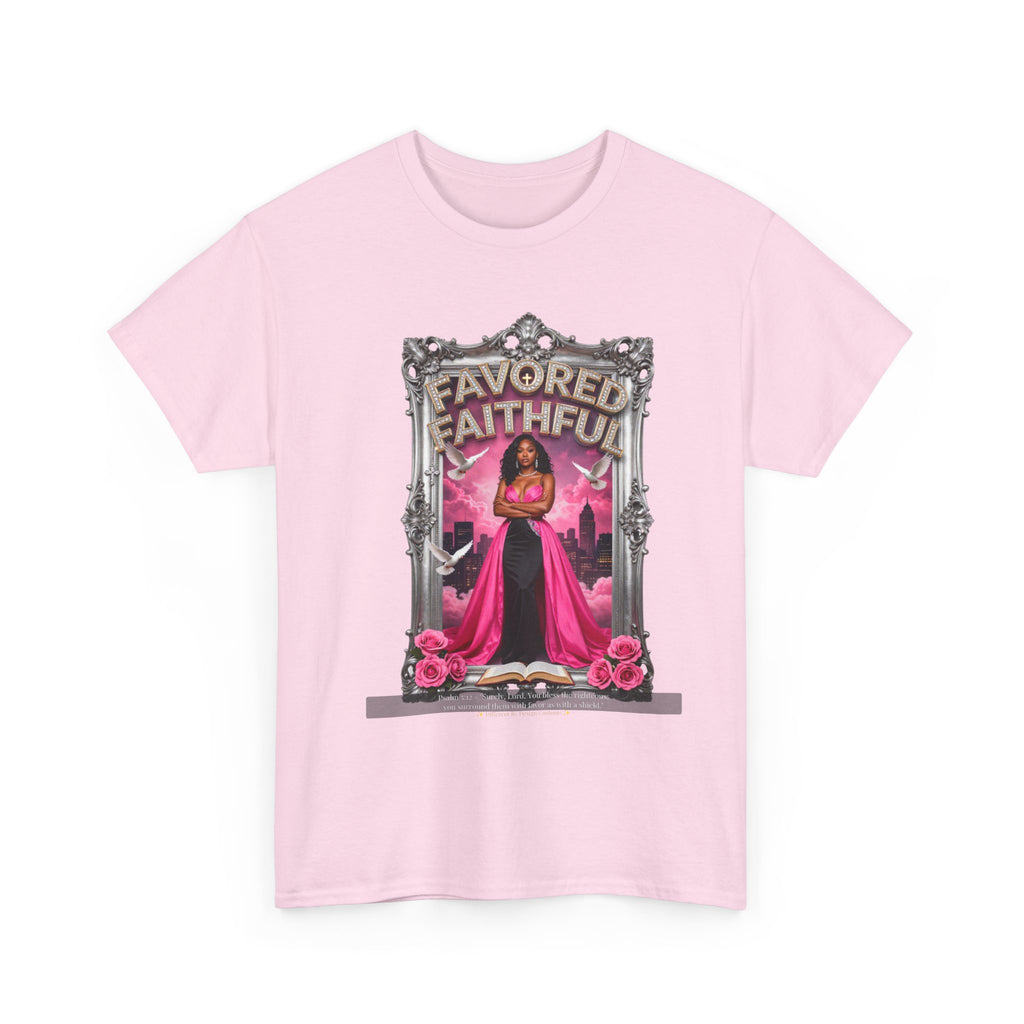 Favored & Faithful Graphic Tee — Pink Gothic Woman Illustration