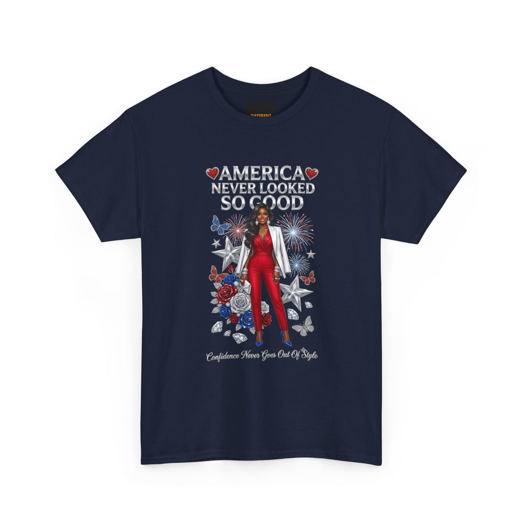 Patriotic 'America Never Looked So Good' Tee — Women's Red Jumpsuit 4th of July Shirt