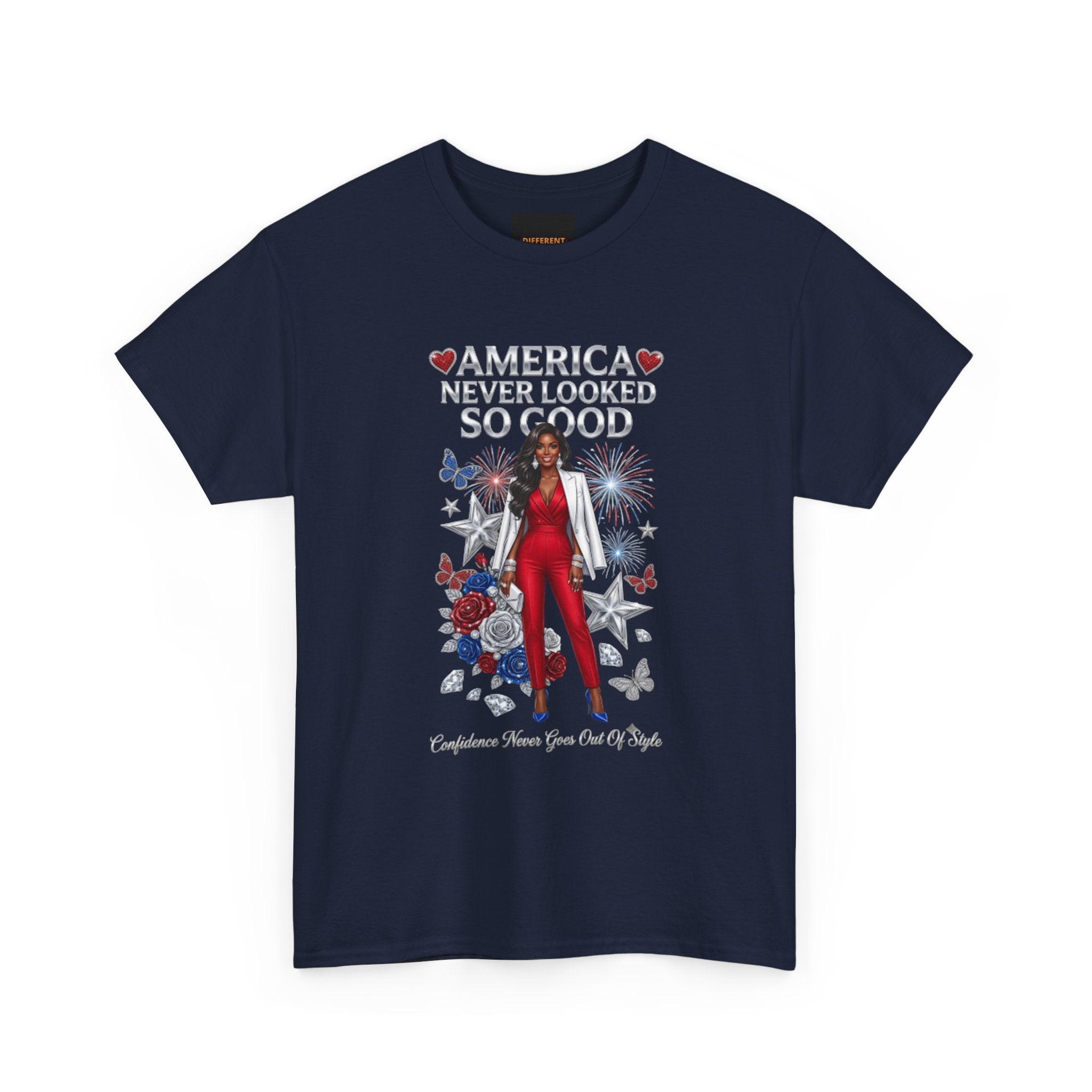 Patriotic 'America Never Looked So Good' Tee — Women's Red Jumpsuit 4th of July Shirt
