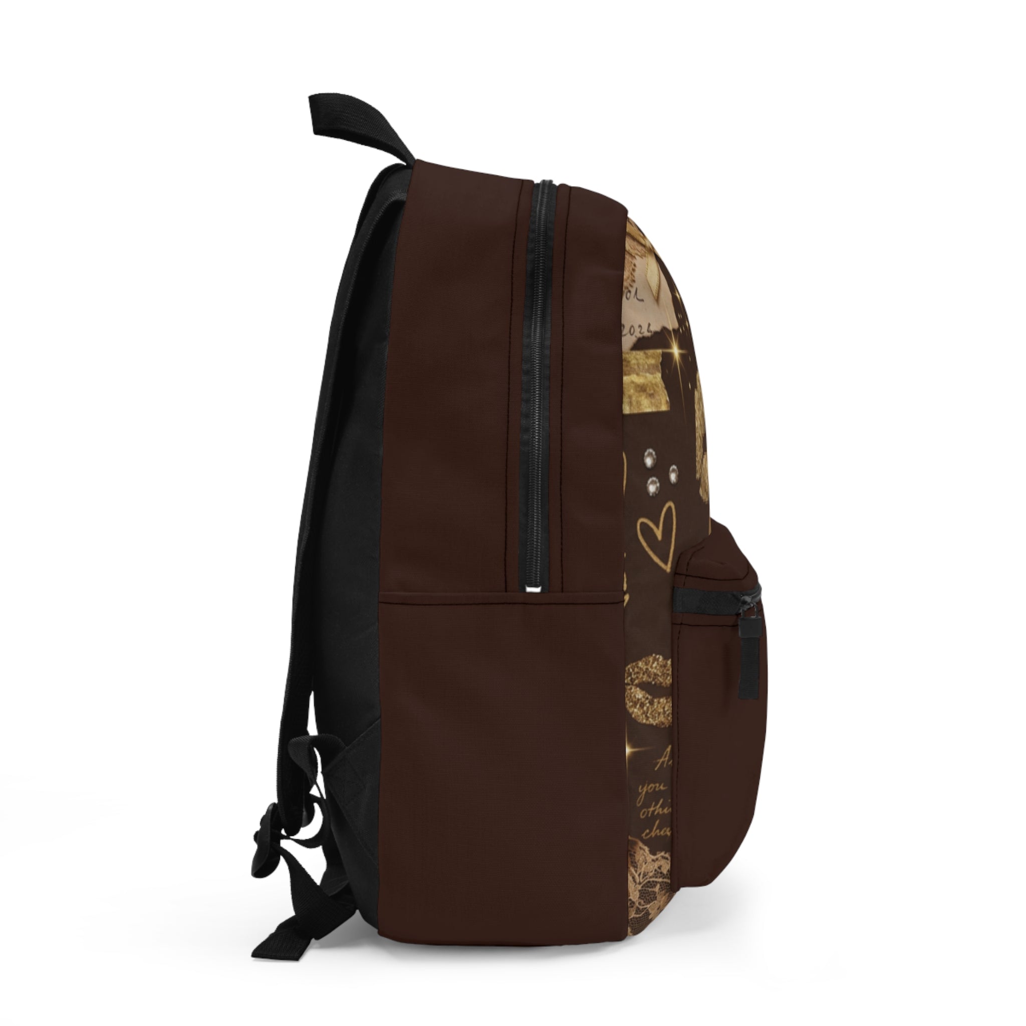 Gold Kiss Pattern Backpack — Chic Heart & Lip Print School Bag