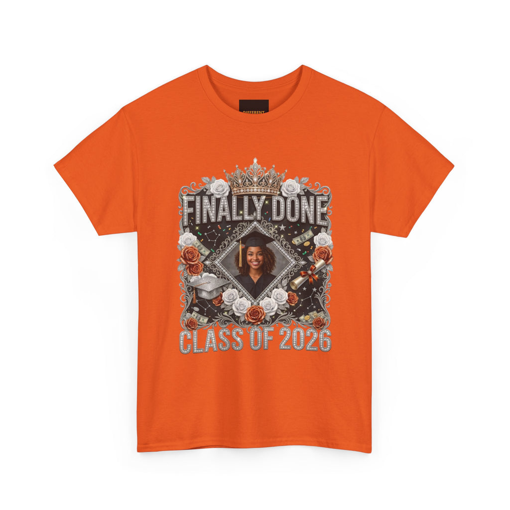 Graduation Tee — "Finally Done" Class of 2026 Personalized Cap & Gown Design