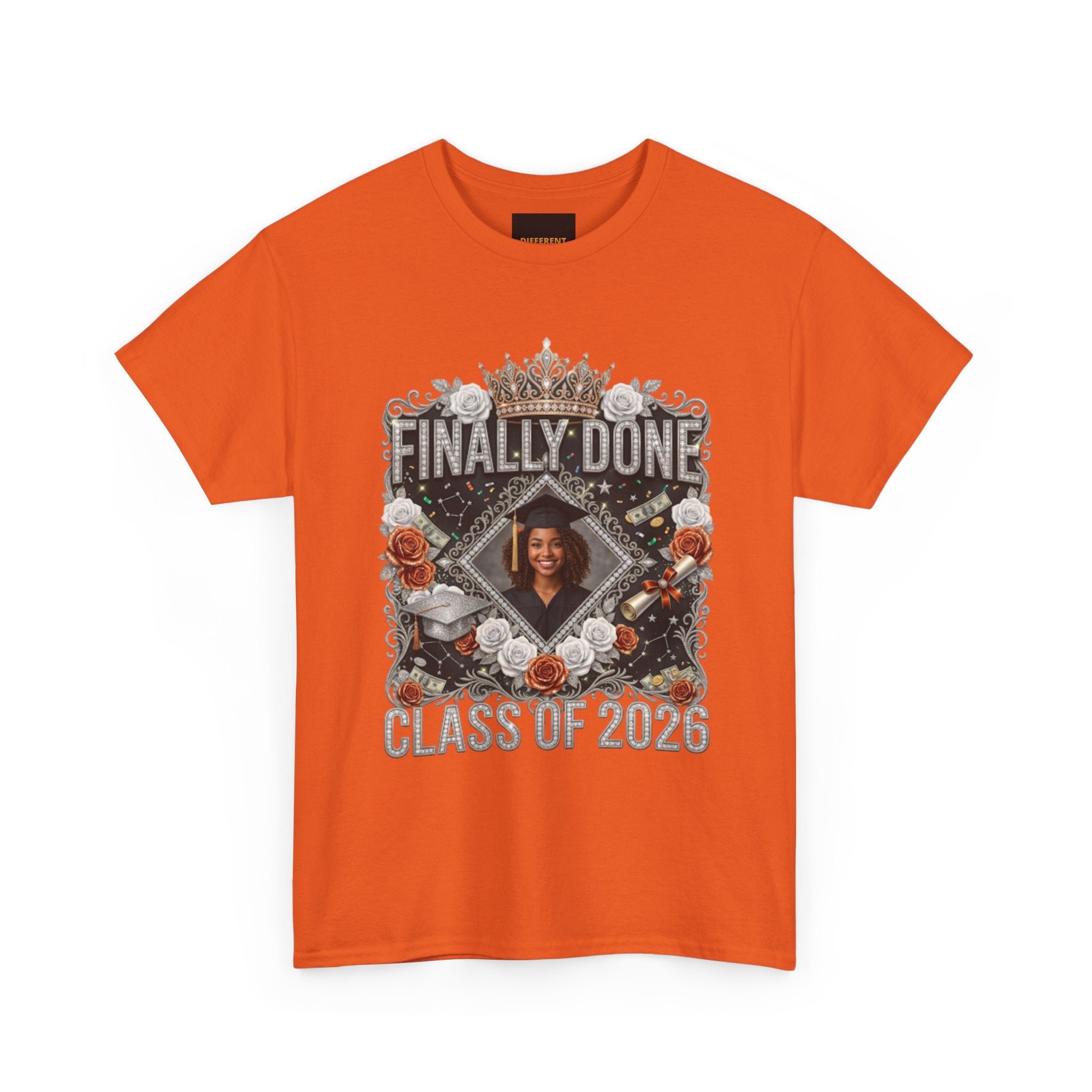 Graduation Tee — "Finally Done" Class of 2026 Personalized Cap & Gown Design