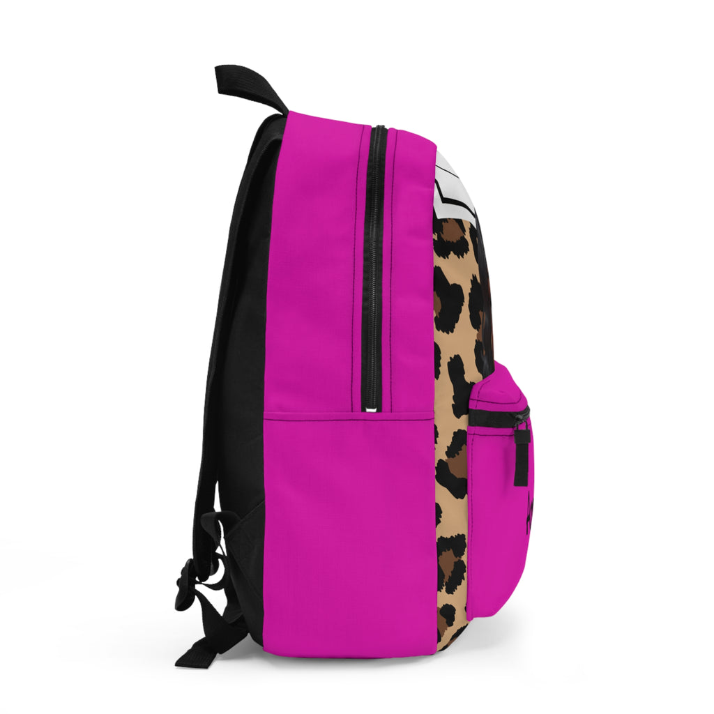 Personalized Pink Leopard Kids Backpack — Cute Black Doll Face Design, Name "Amber"