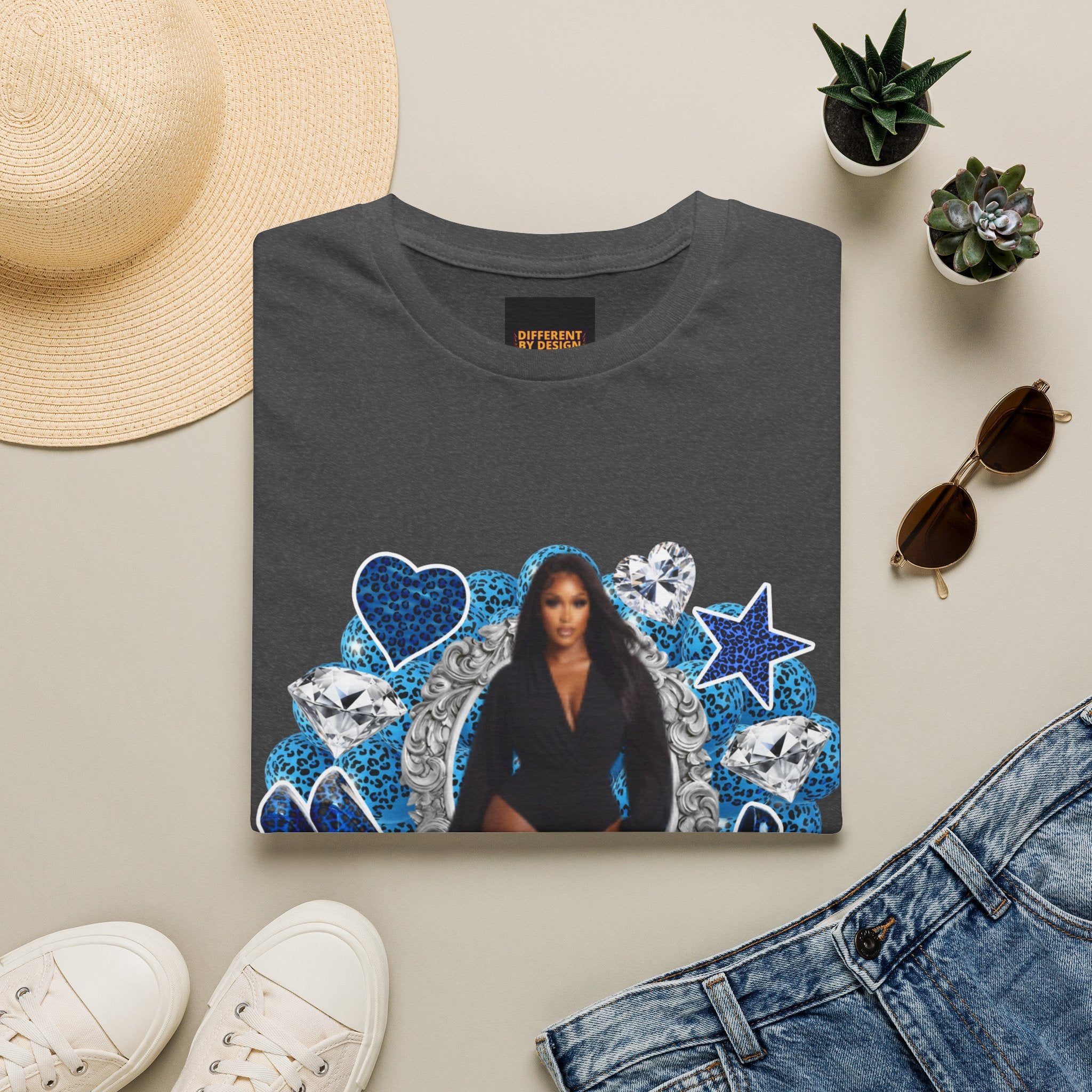 Custom Photo Birthday T-Shirt — Personalized "Birthday" Design with Blue Hearts & Diamonds