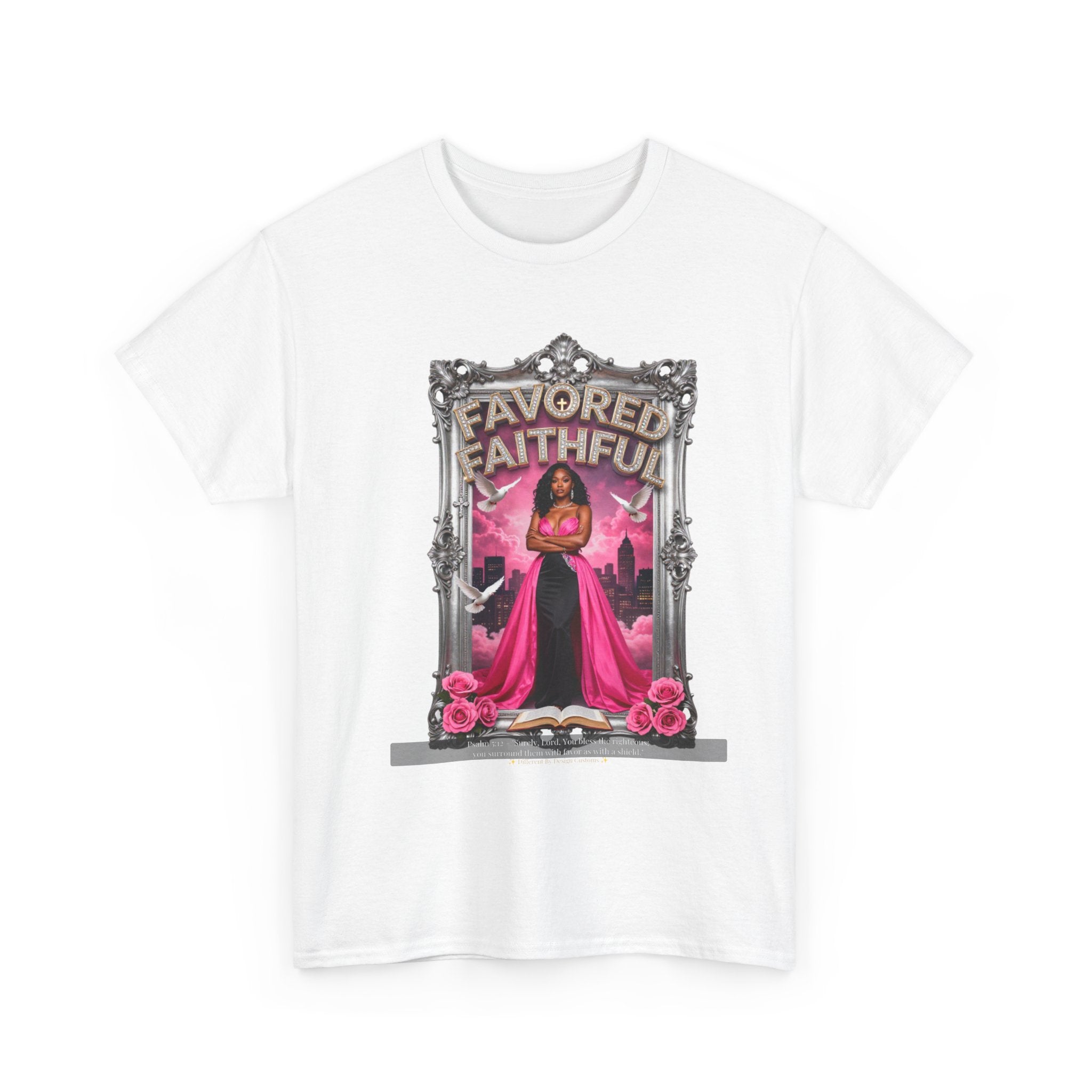 Favored & Faithful Graphic Tee — Pink Gothic Woman Illustration