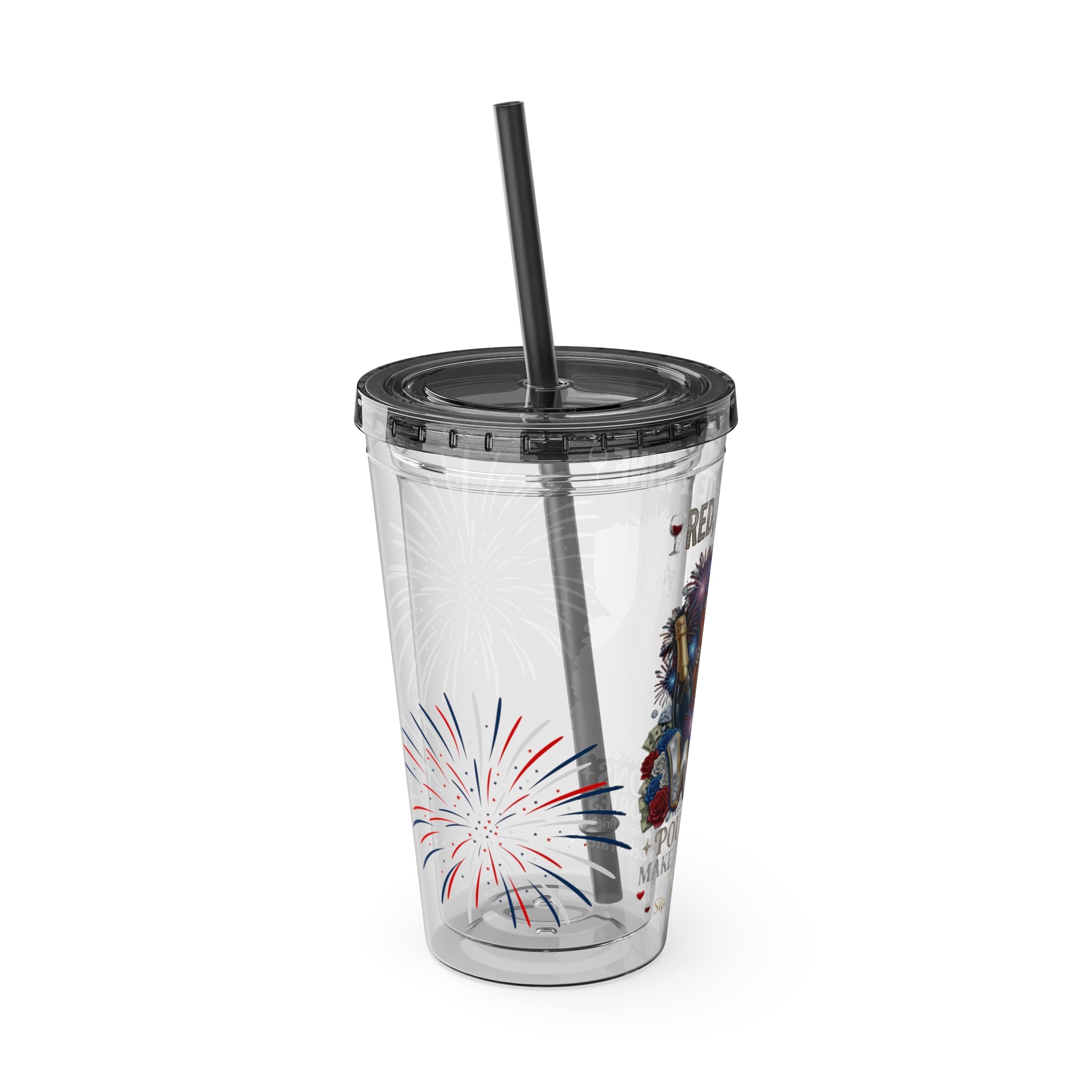 16oz Sunsplash Tumbler with Straw — 'Red, White & Wine' Patriotic Wine Lover Cup