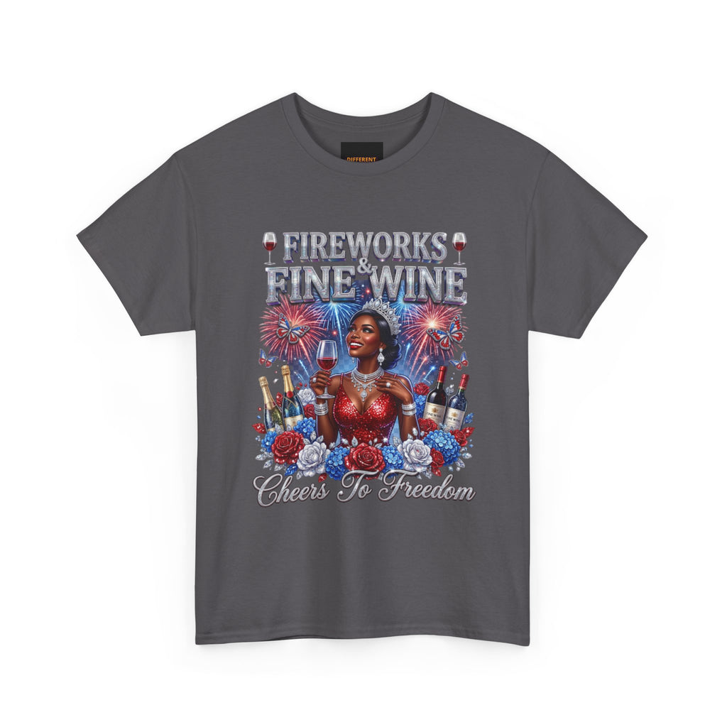Fireworks & Fine Wine Tee — Cheers to Freedom 4th of July Patriotic Shirt