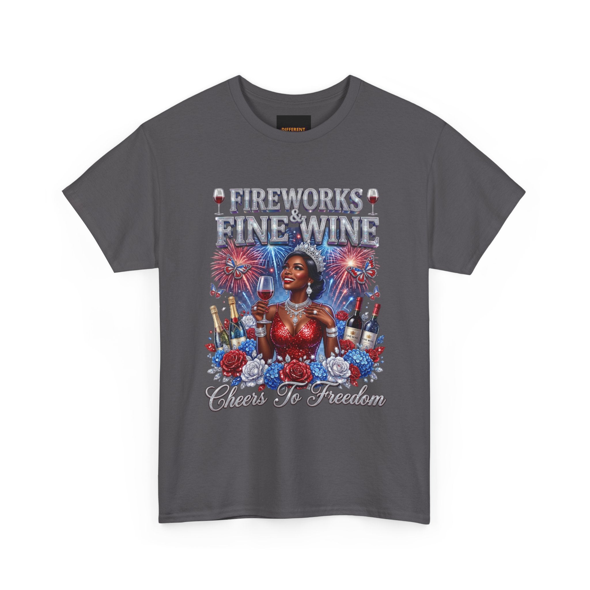 Fireworks & Fine Wine Tee — Cheers to Freedom 4th of July Patriotic Shirt
