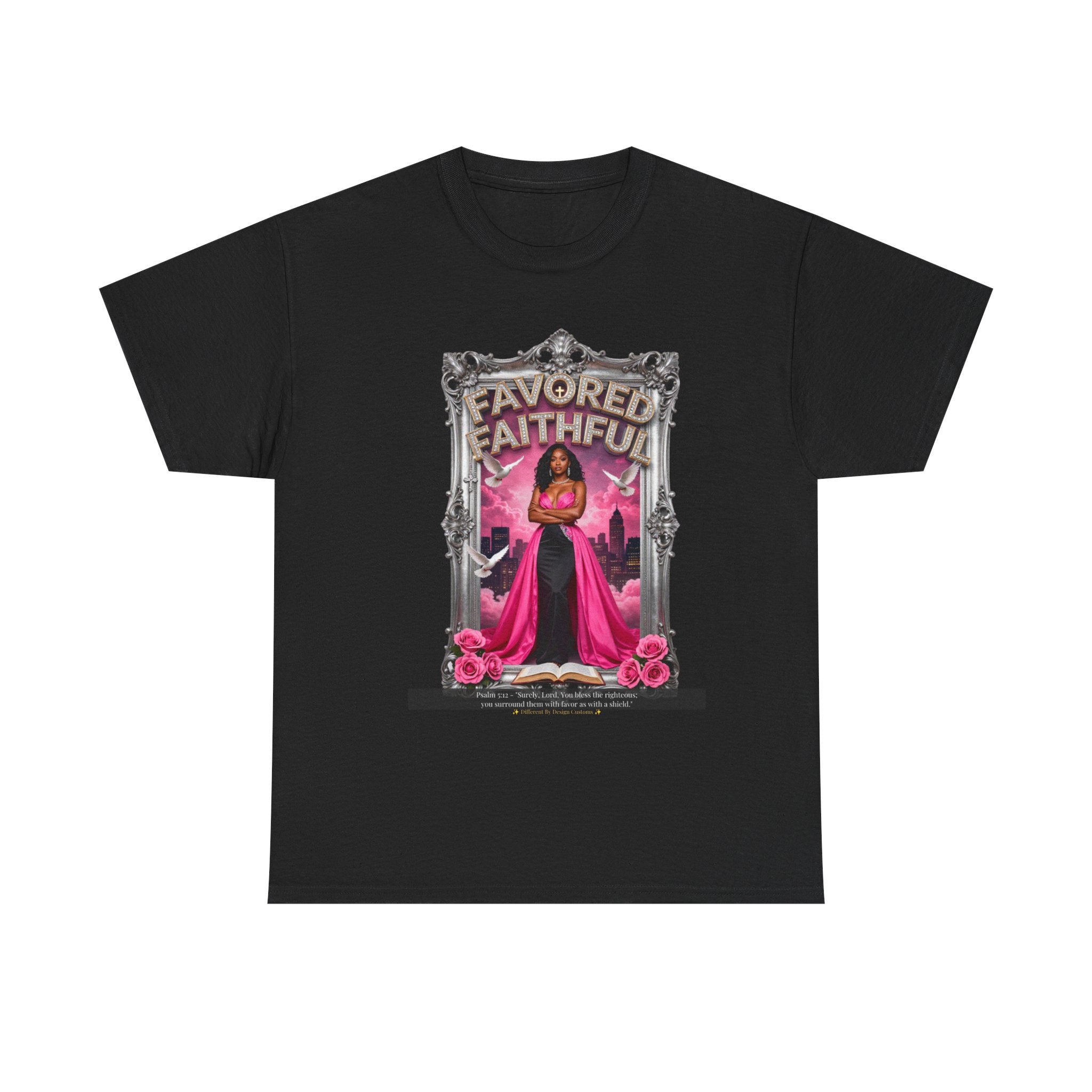 Favored & Faithful Graphic Tee — Pink Gothic Woman Illustration