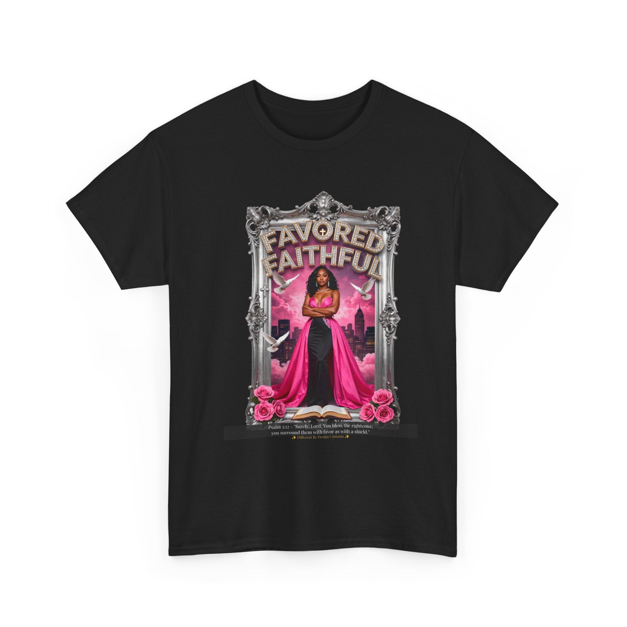 Favored & Faithful Graphic Tee — Pink Gothic Woman Illustration