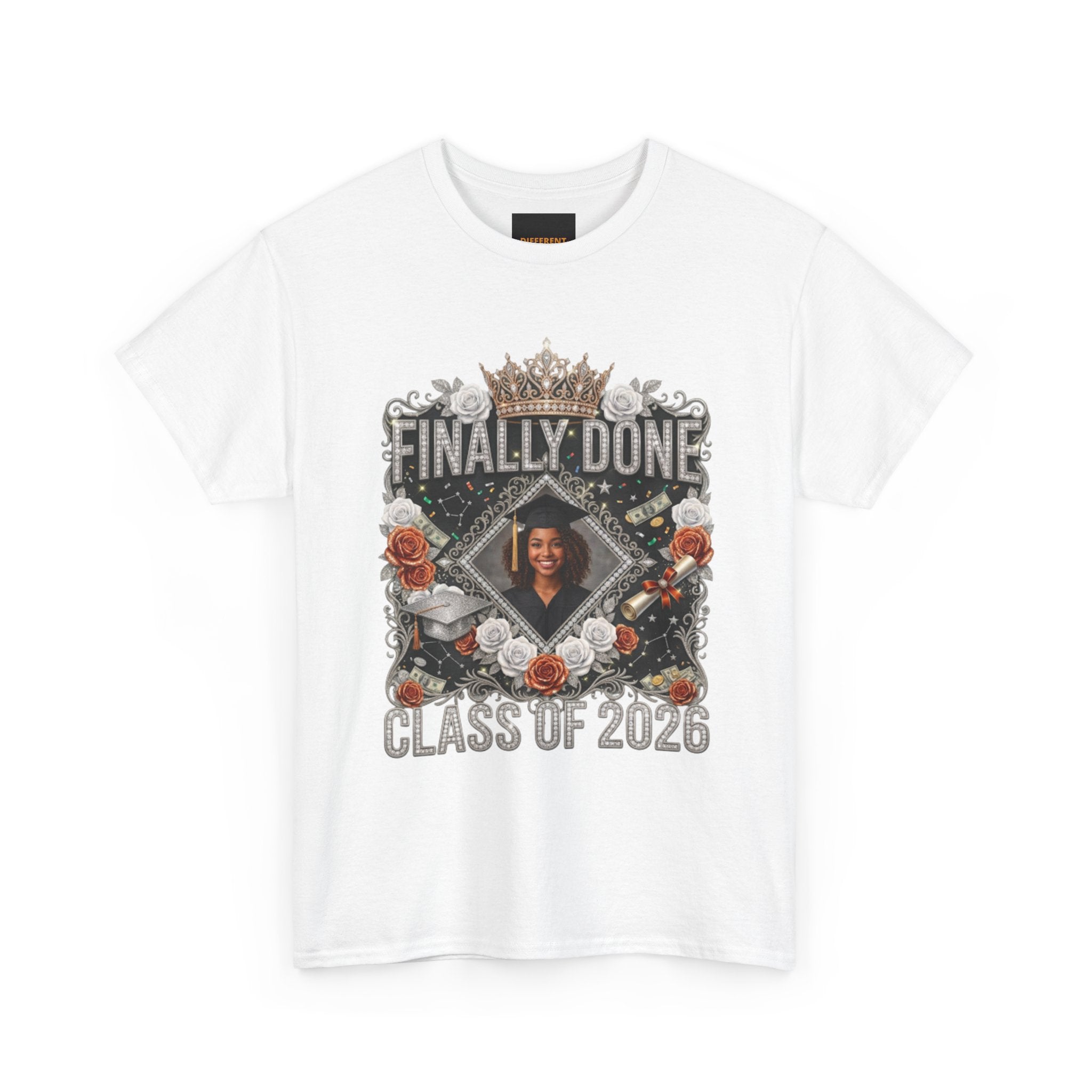 Graduation Tee — "Finally Done" Class of 2026 Personalized Cap & Gown Design