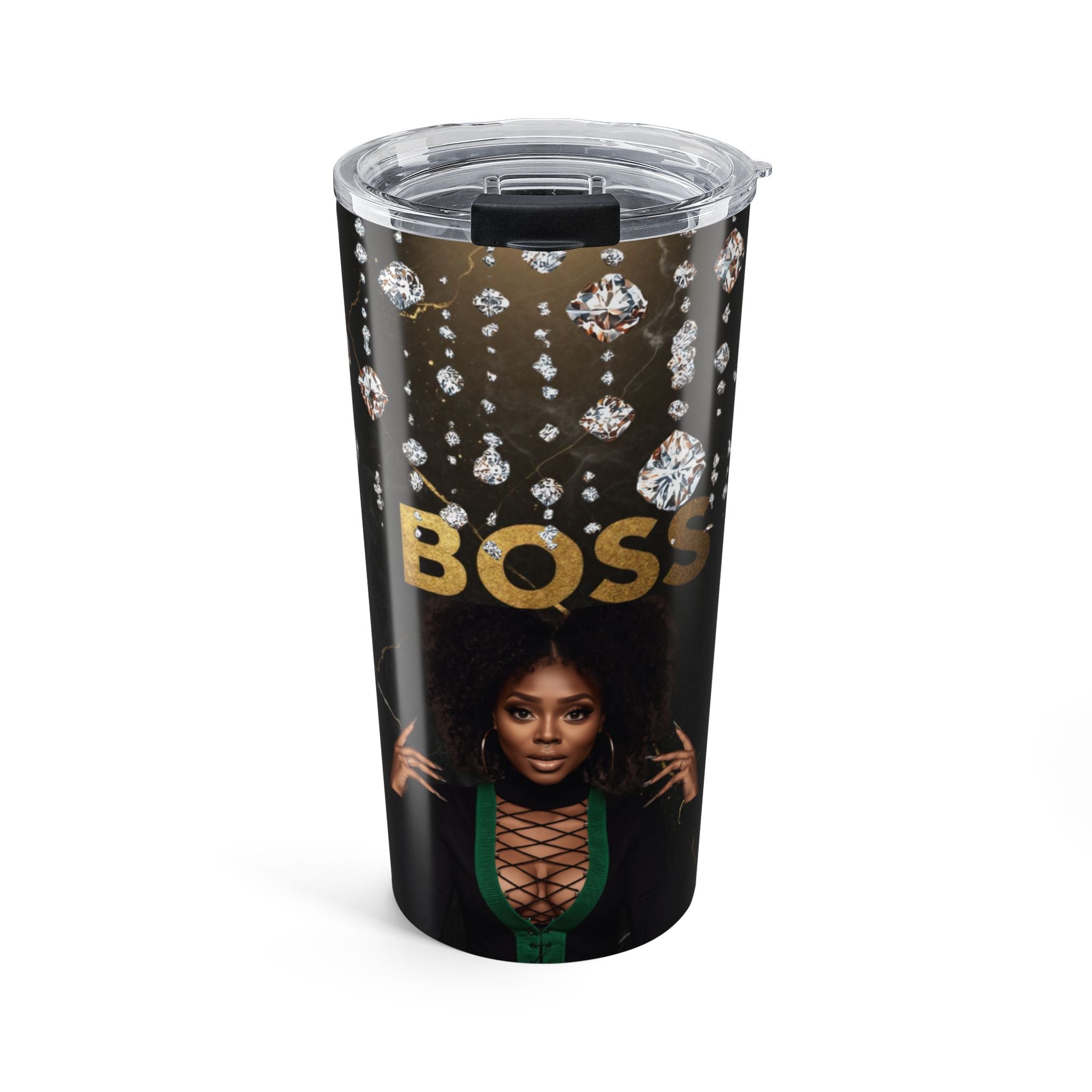 Boss Queen 20oz Tumbler — Empowering Black Woman Design with Gold 'BOSS' & Crystals