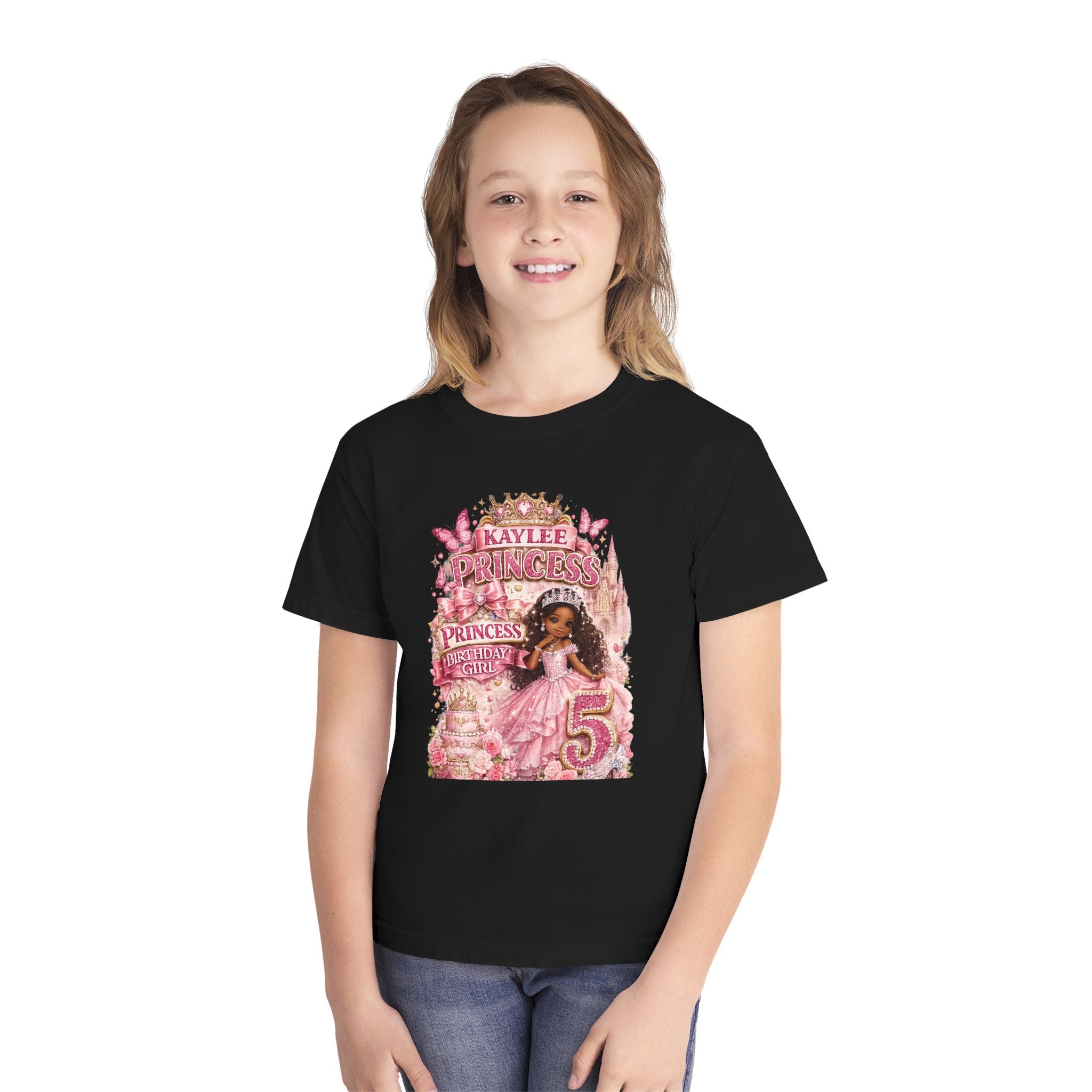 Personalized Princess Birthday Tee — "Kaylee" Glitter Pink 5th Birthday Shirt