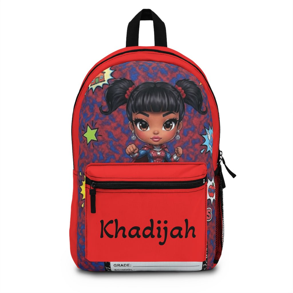 Personalized Kids Backpack – Cute Cartoon Girl Design with Name (Khadijah)